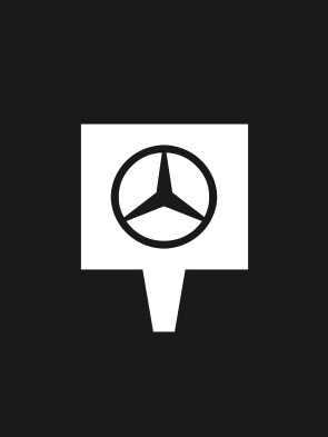 Ein weißes, grafisches Schild, dass einen Mercedes-Benz Vertriebshändler repräsentiert.