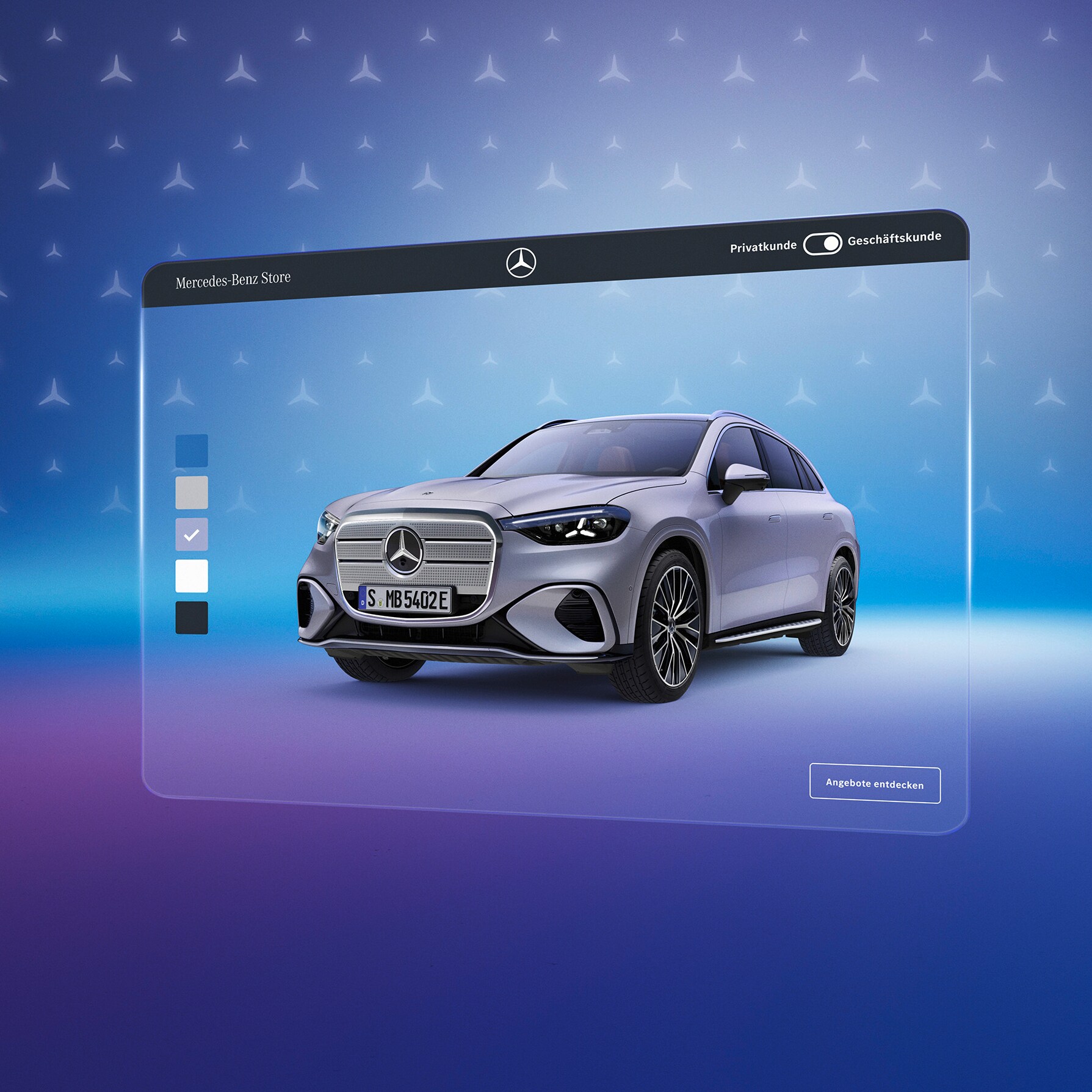 Ein blauer SUV von Mercedes-Benz steht in einem grafischen Karton vor violett-blauem Grund.