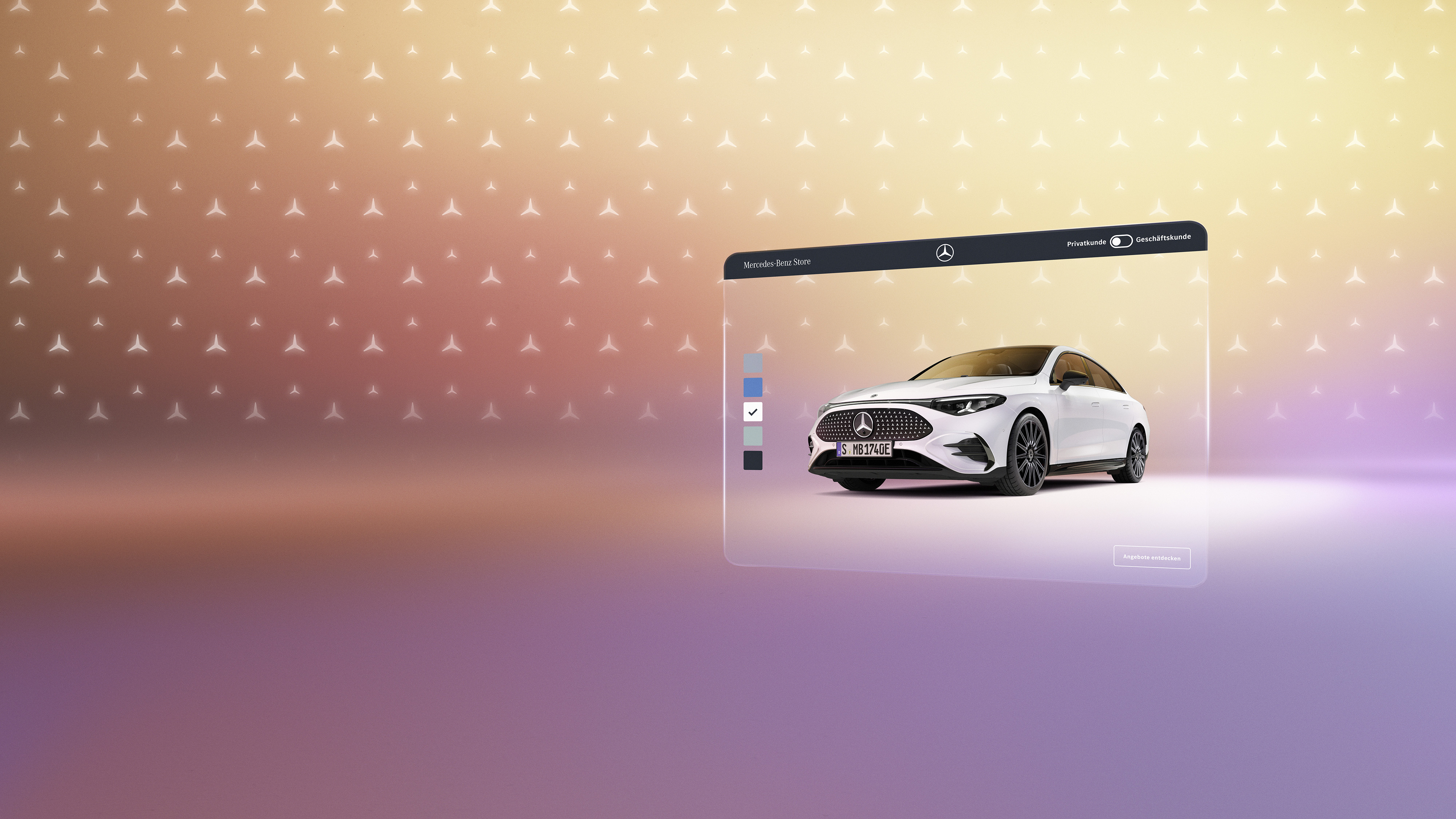 Store | Mercedes-Benz. Ein graues Fahrzeug steht in einem grafischen Karton und fährt heraus.