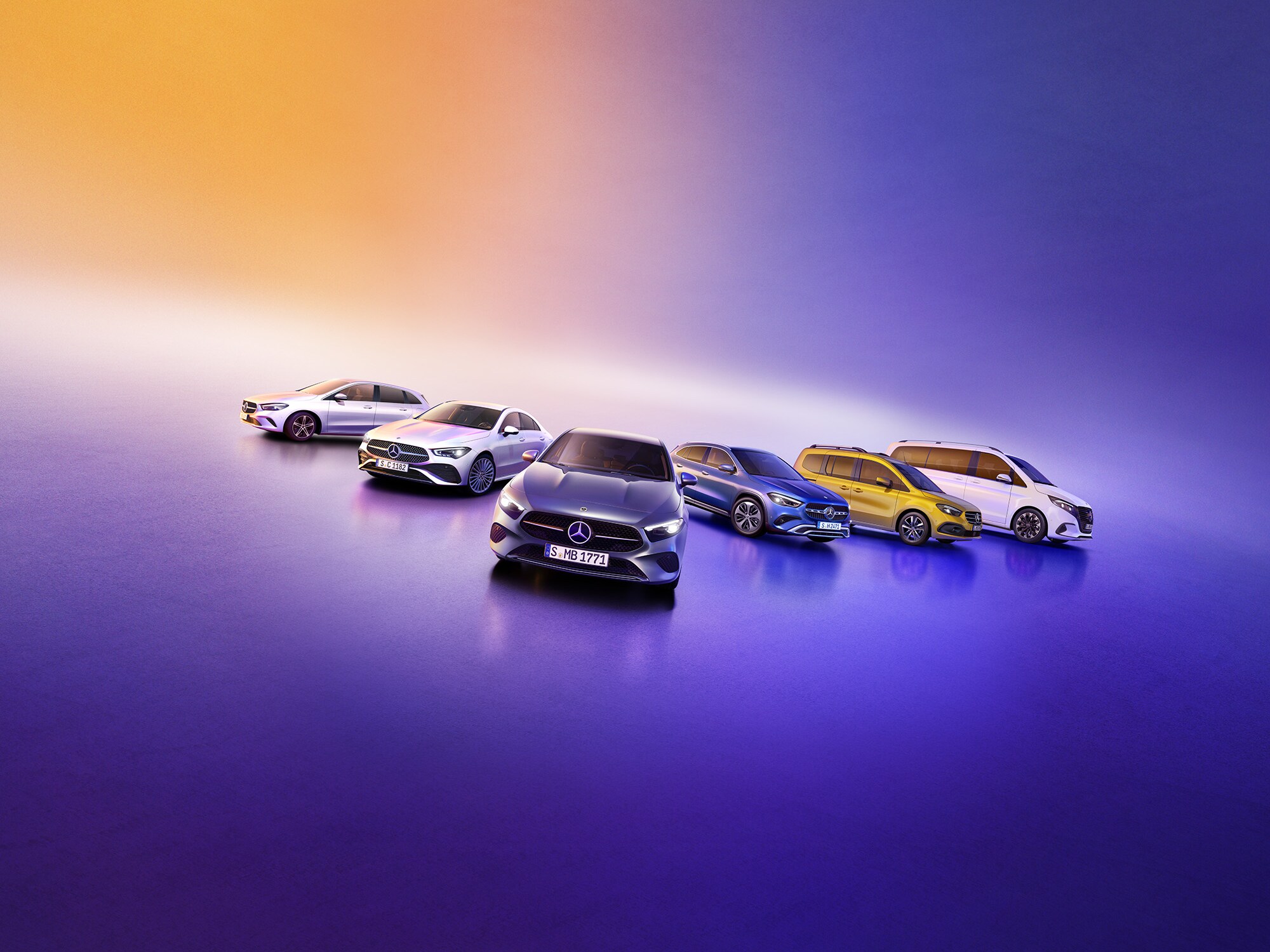 Eine Fahrzeug-Range von Mercedes-Benz auf violettem Grund.