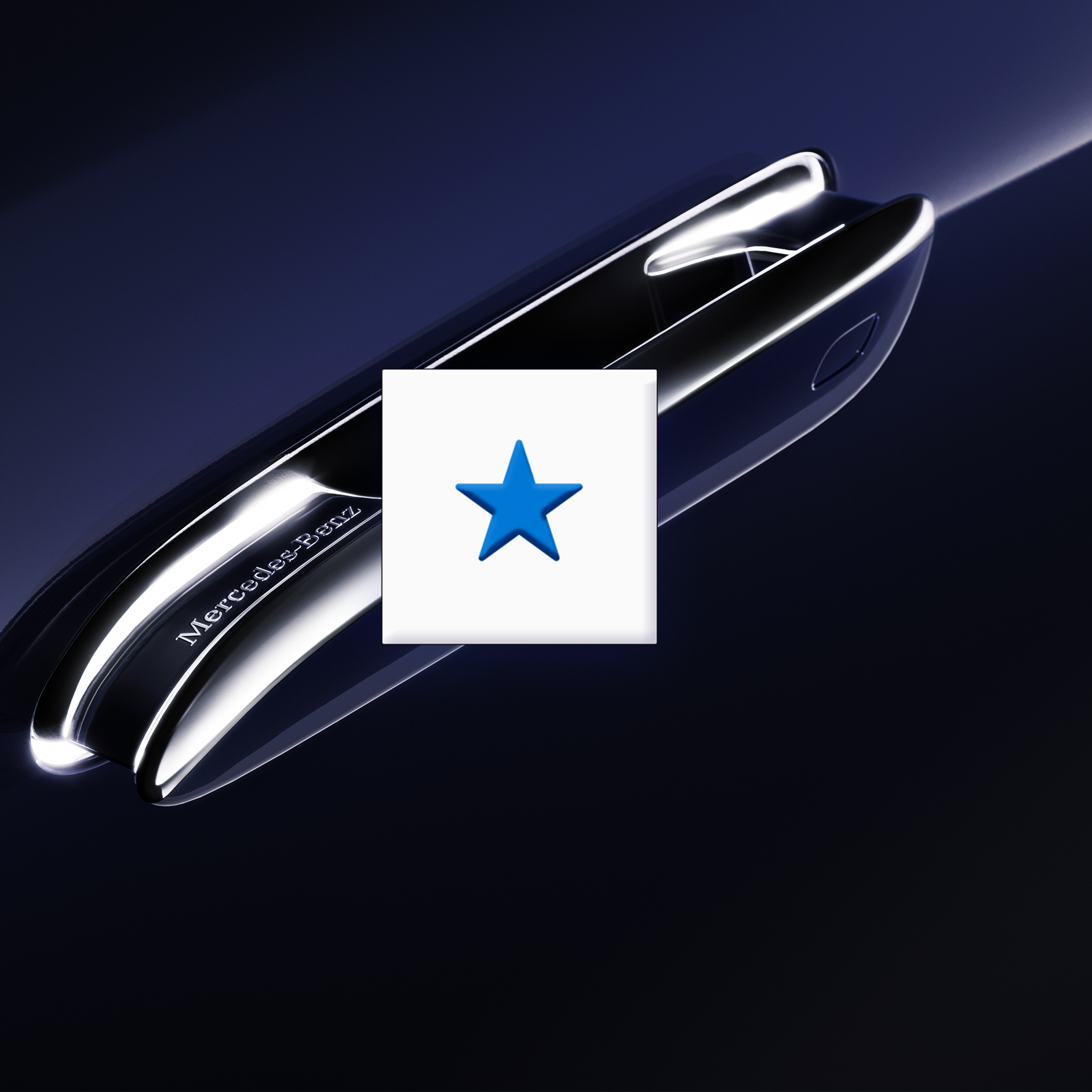 Wishlist und Compare | Mercedes-Benz Ansicht eines blauen Mercedes-Benz Front mit einem Screenshot zu "Unsere Modelle"