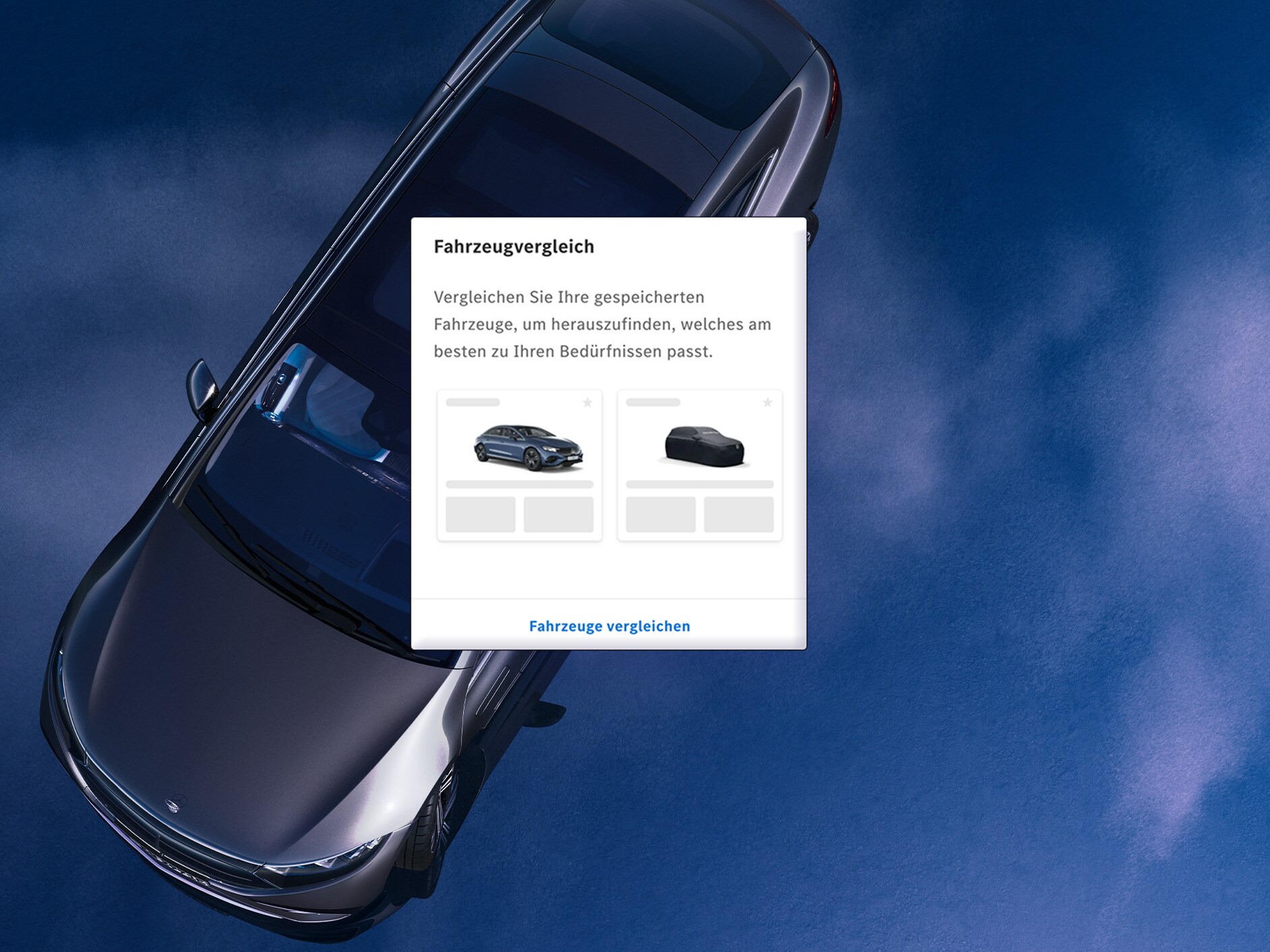 Ansicht eines blauen Mercedes-Benz Front mit einem Screenshot zu "Unsere Modelle"