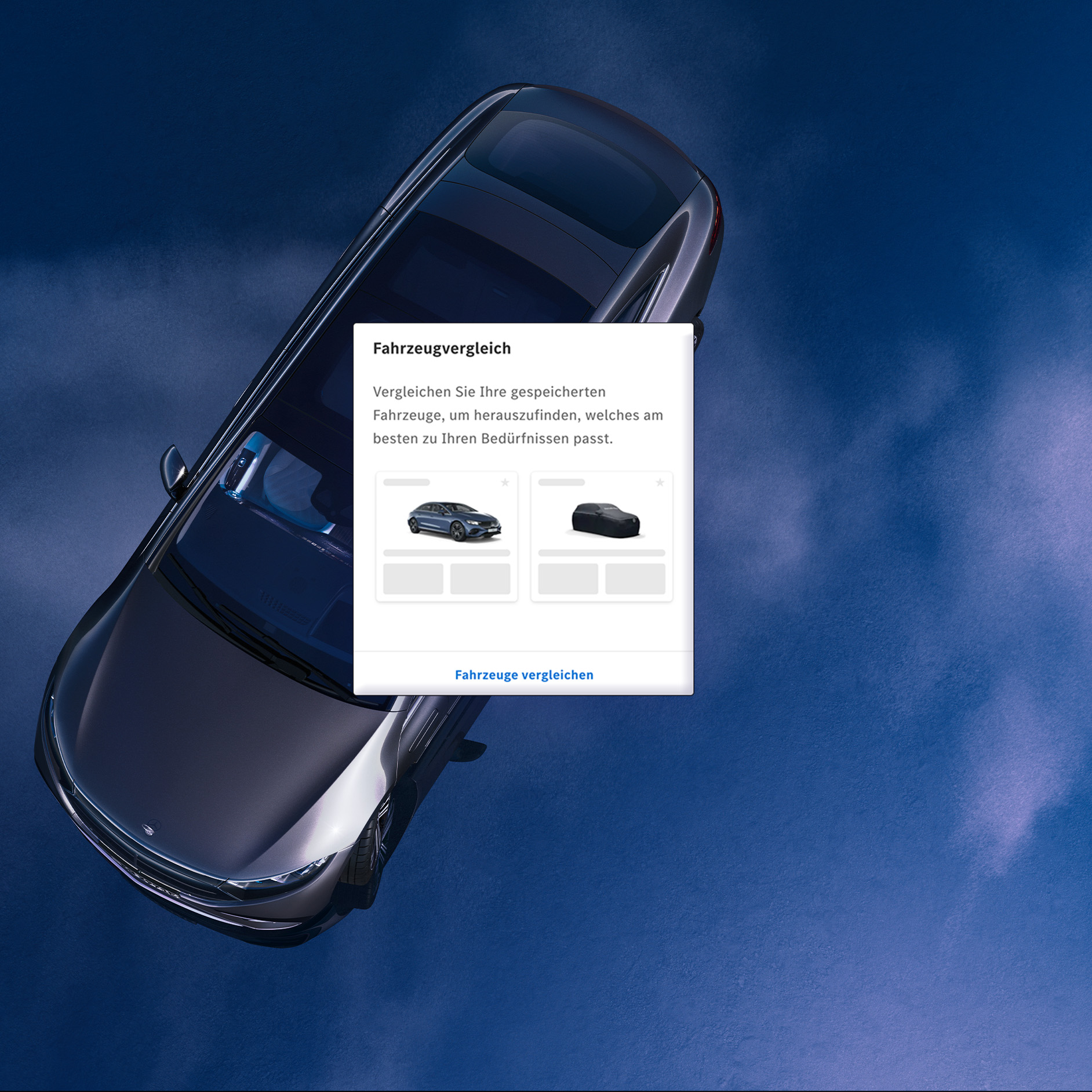 Wishlist und Compare | Mercedes-Benz Ansicht eines blauen Mercedes-Benz Front mit einem Screenshot zu "Unsere Modelle"