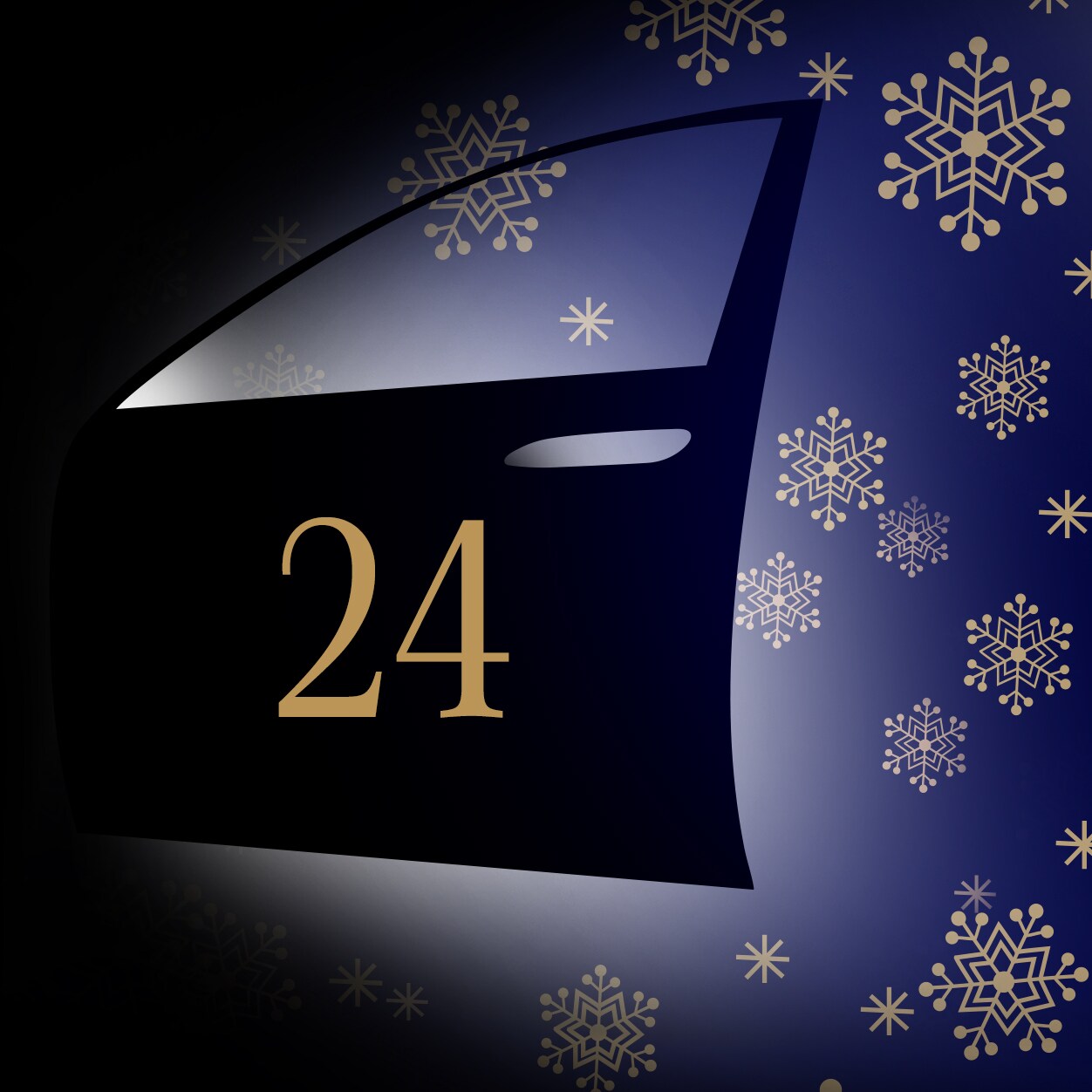 Adventskalender Türchen als Autotür mit der Zahl 24 auf der Tür.