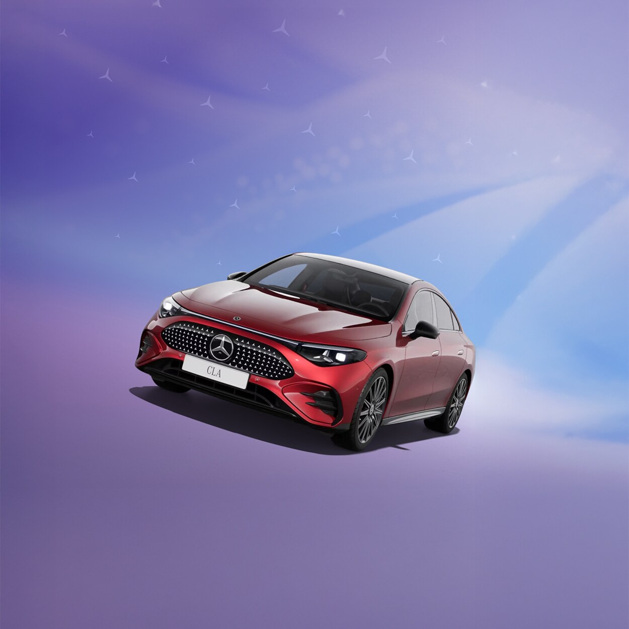 Ein rotes Mercedes-Benz Modell in einem violett-blauen Raum.