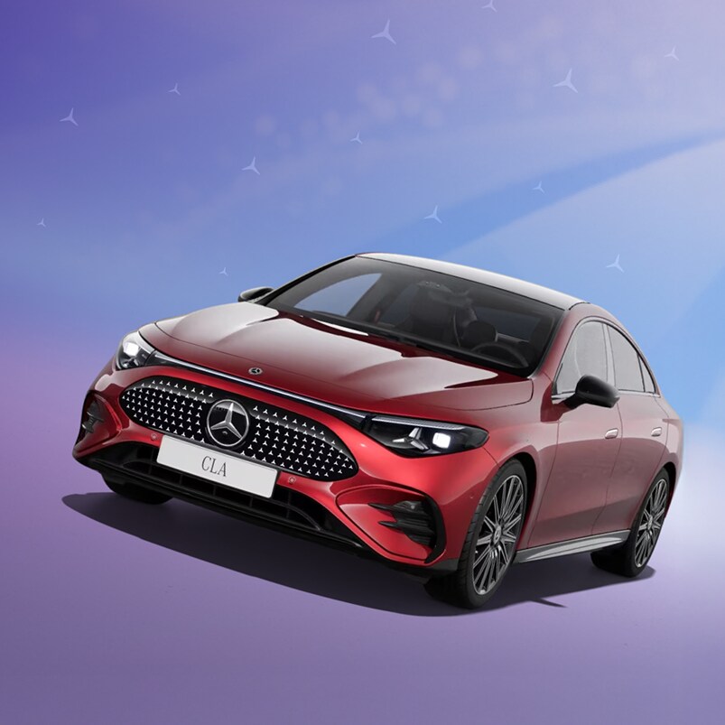 Ein roter CLA vor einem lila, blauem Hintergrund.