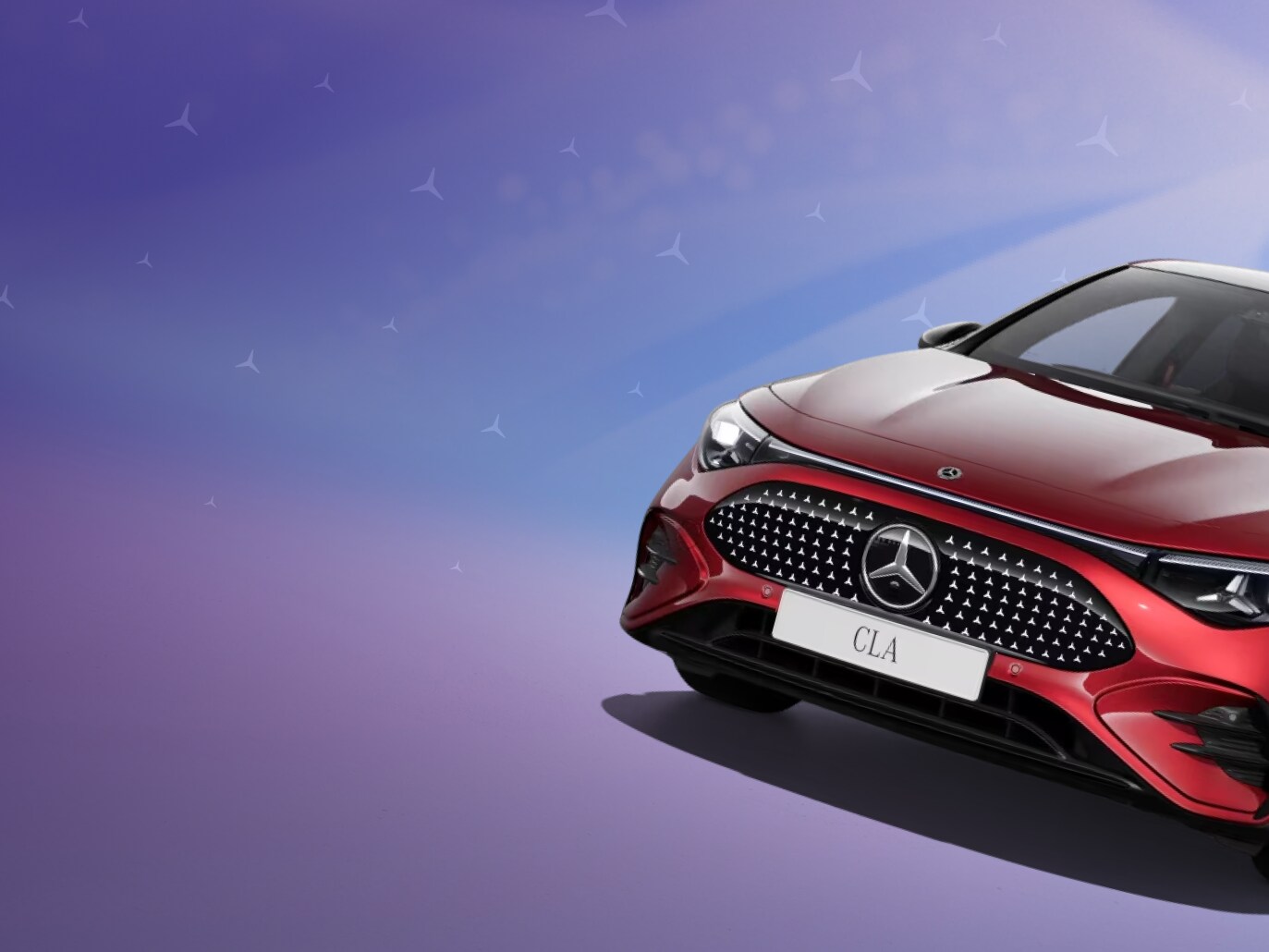Ein roter CLA von Mercedes-Benz auf violettem Grund mit Stern-Pattern.