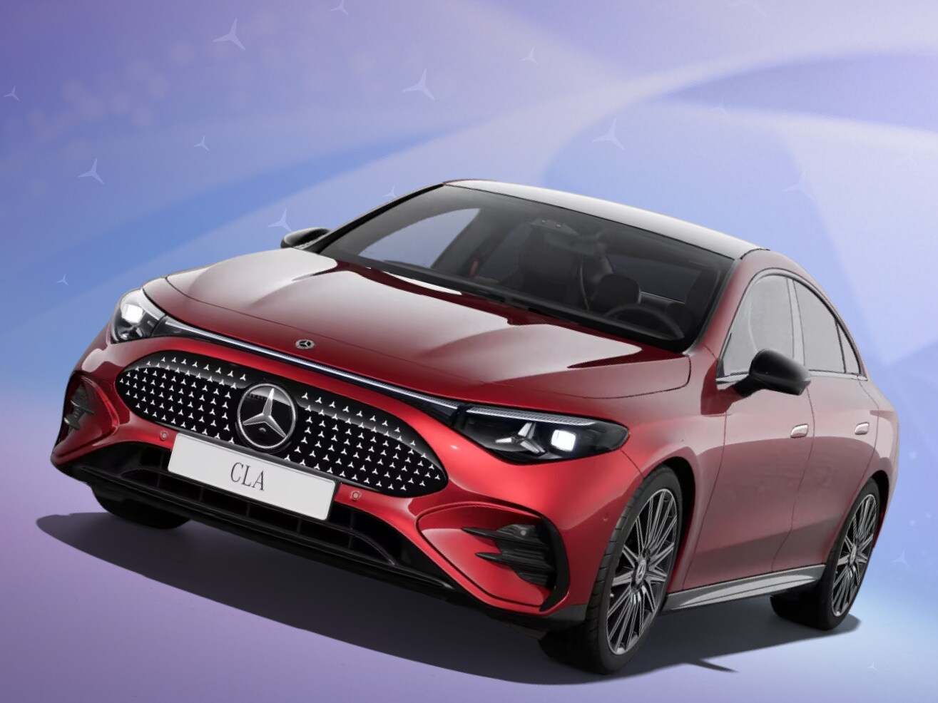 Ein roter CLA von Mercedes-Benz auf violettem Grund mit Stern-Pattern.