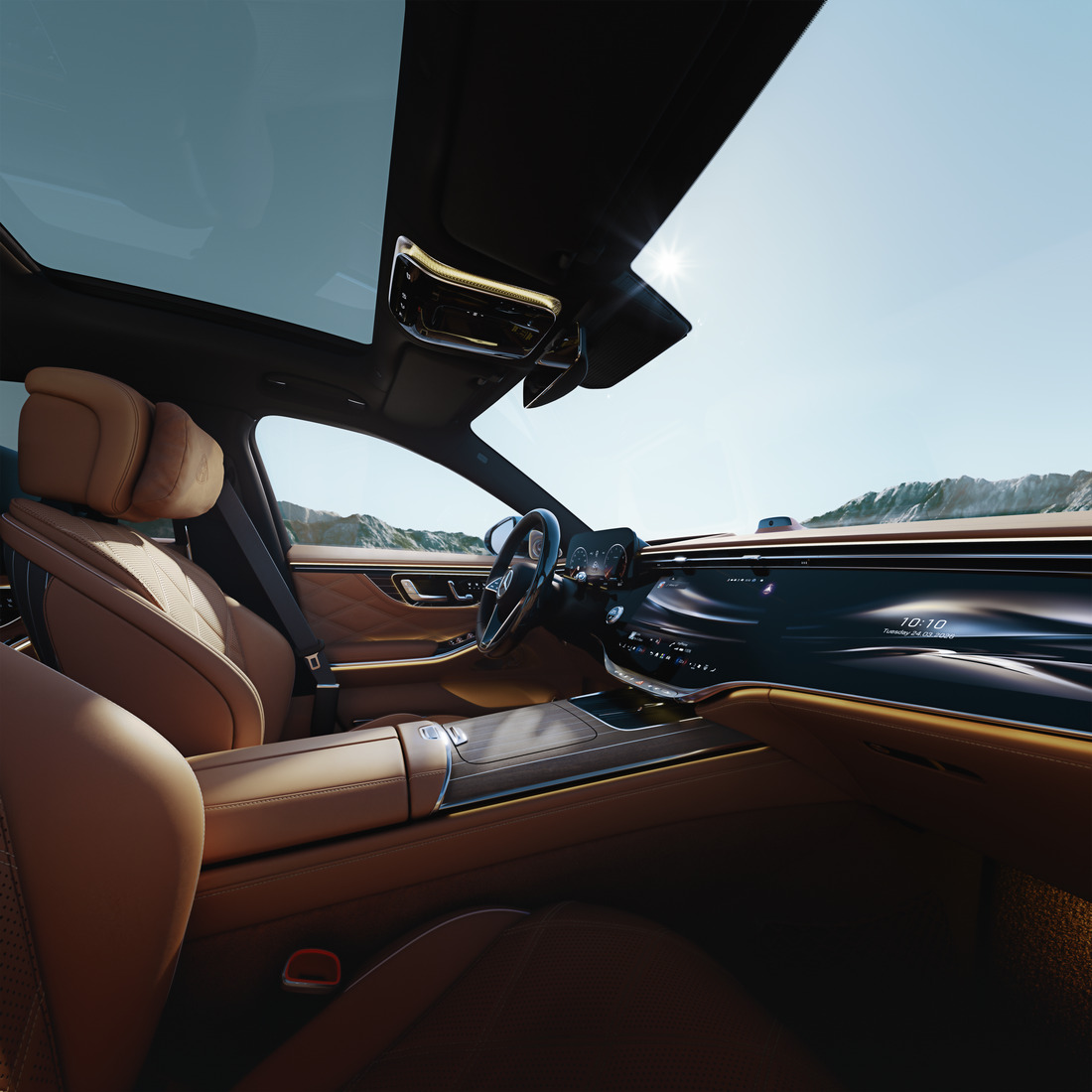 Der Frontbereich der Mercedes-Benz Maybach S-Klasse mit Blick auf das MBUX High-End Fond-Entertainment.