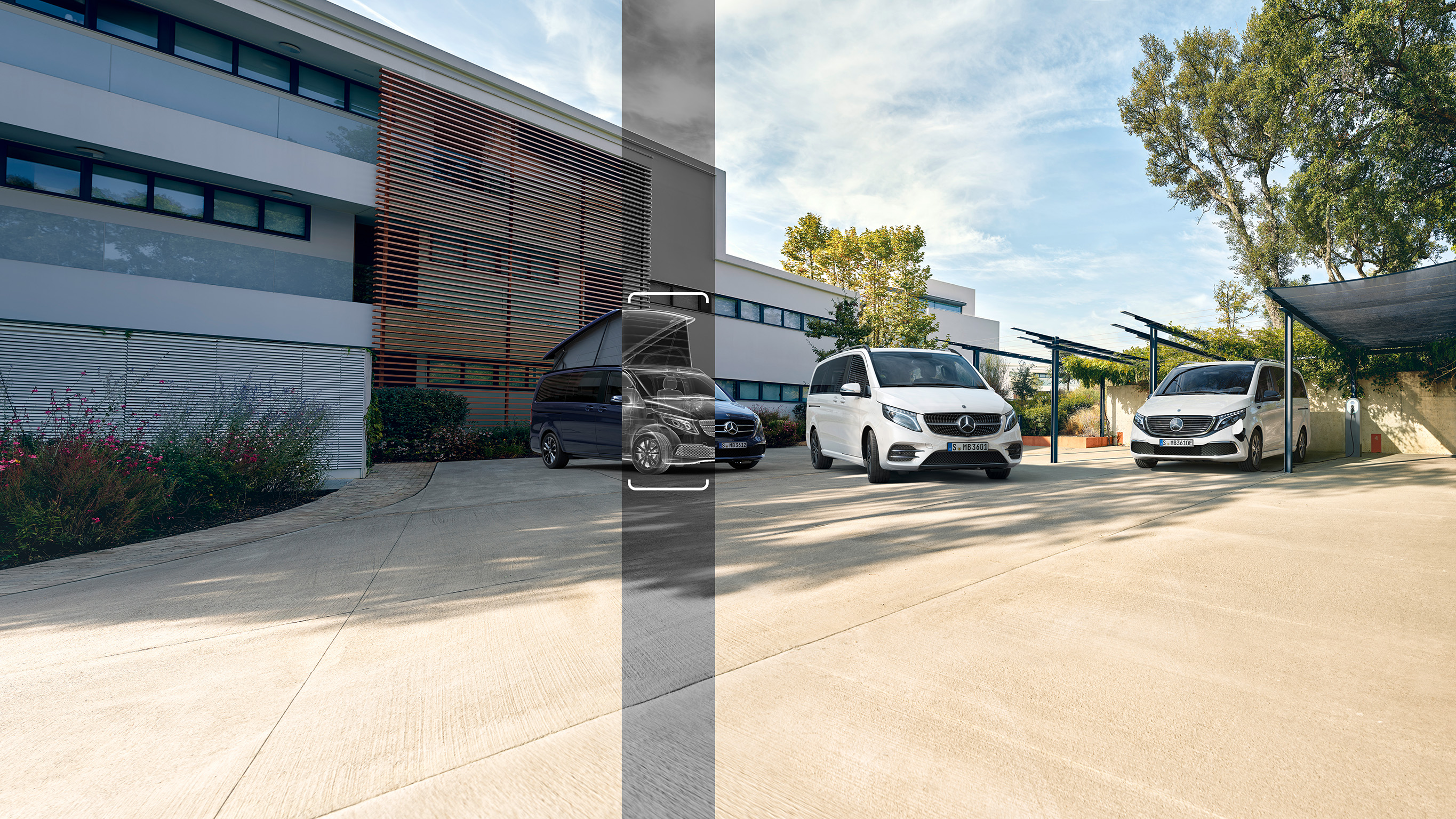 MB Junge Sterne drei Fahrzeuge stehen im Innenhof vor einem Gebäude