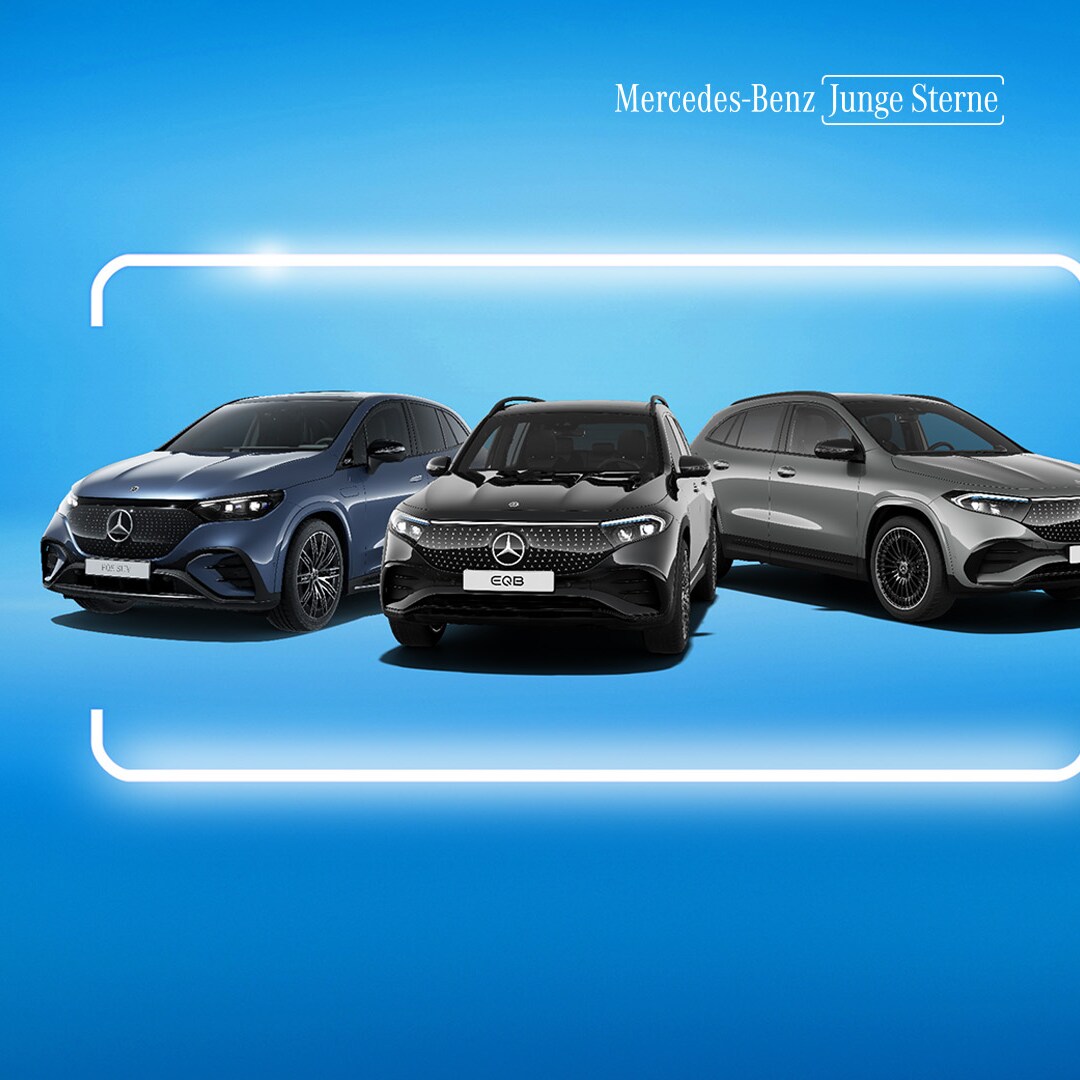 Vollelektrische Junge Sterne von Mercedes-Benz. Gezeigt wird der EQA, EQB und EQE auf blauem Hintergrund