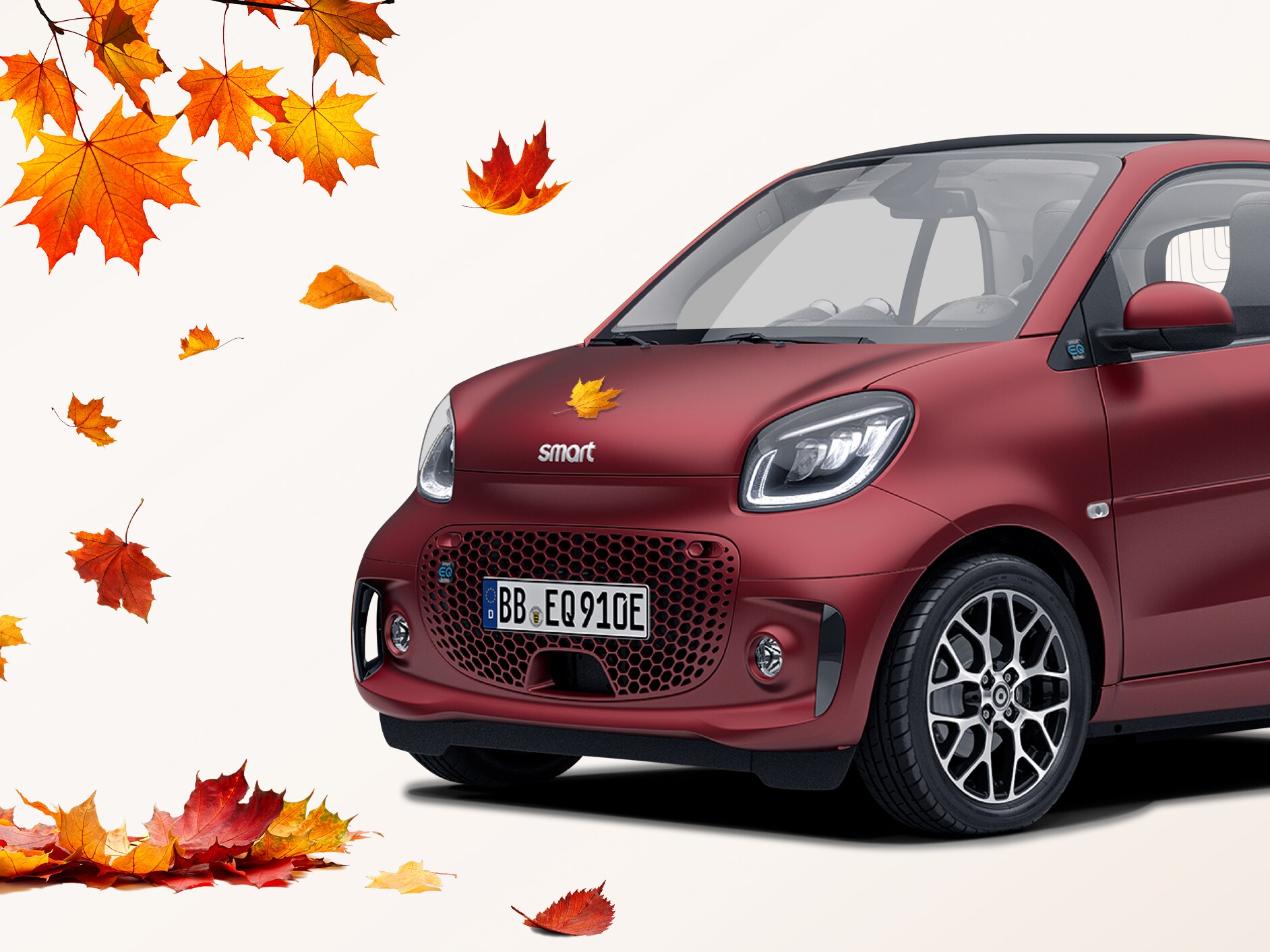 ein roter, matter smart mit Herbstblättern
