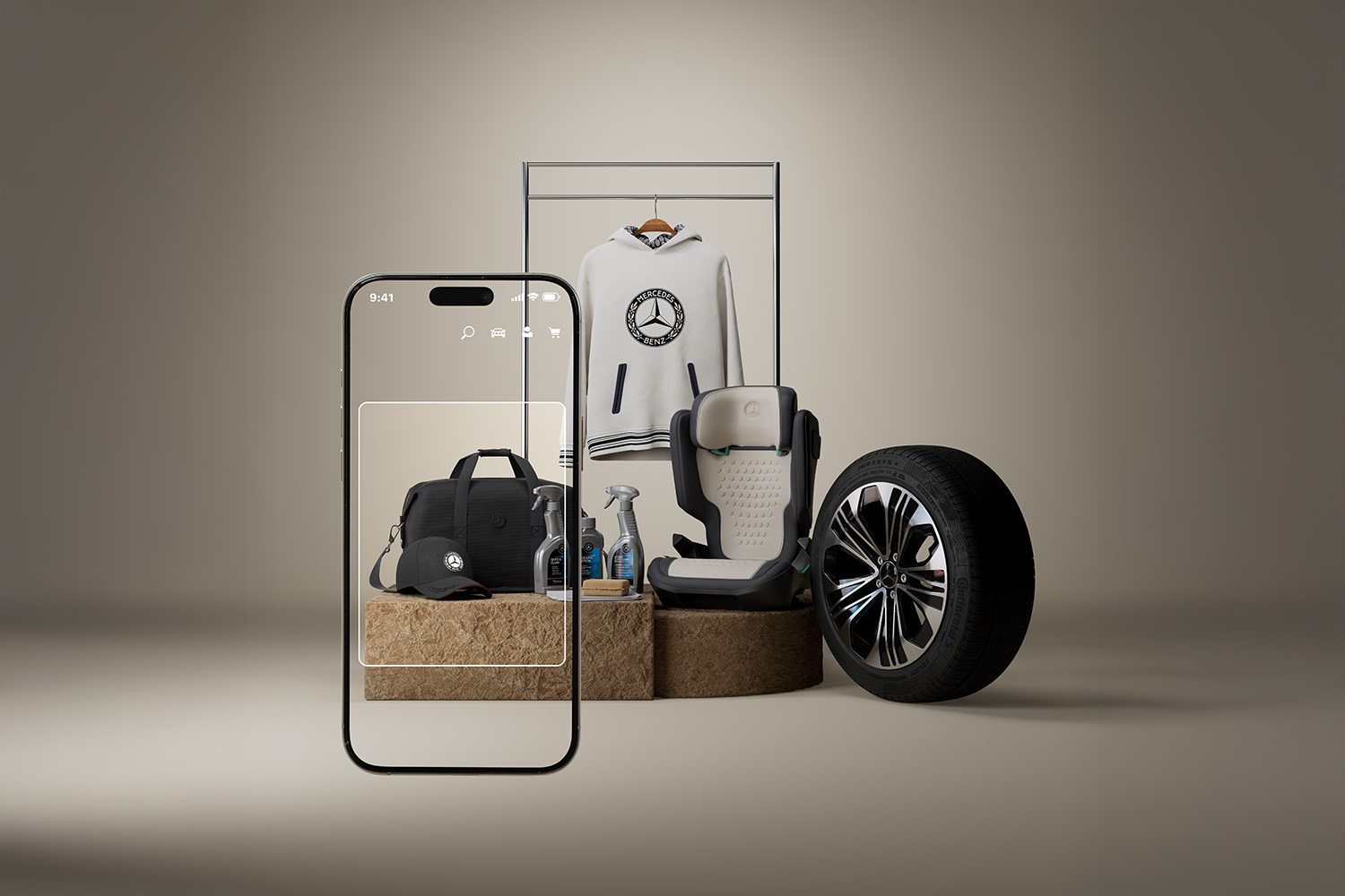 Technisches Zubehör | Mercedes-Benz. Verschiedene Produkte aus dem Mercedes-Benz Online Store sind ästhetisch arrangiert.