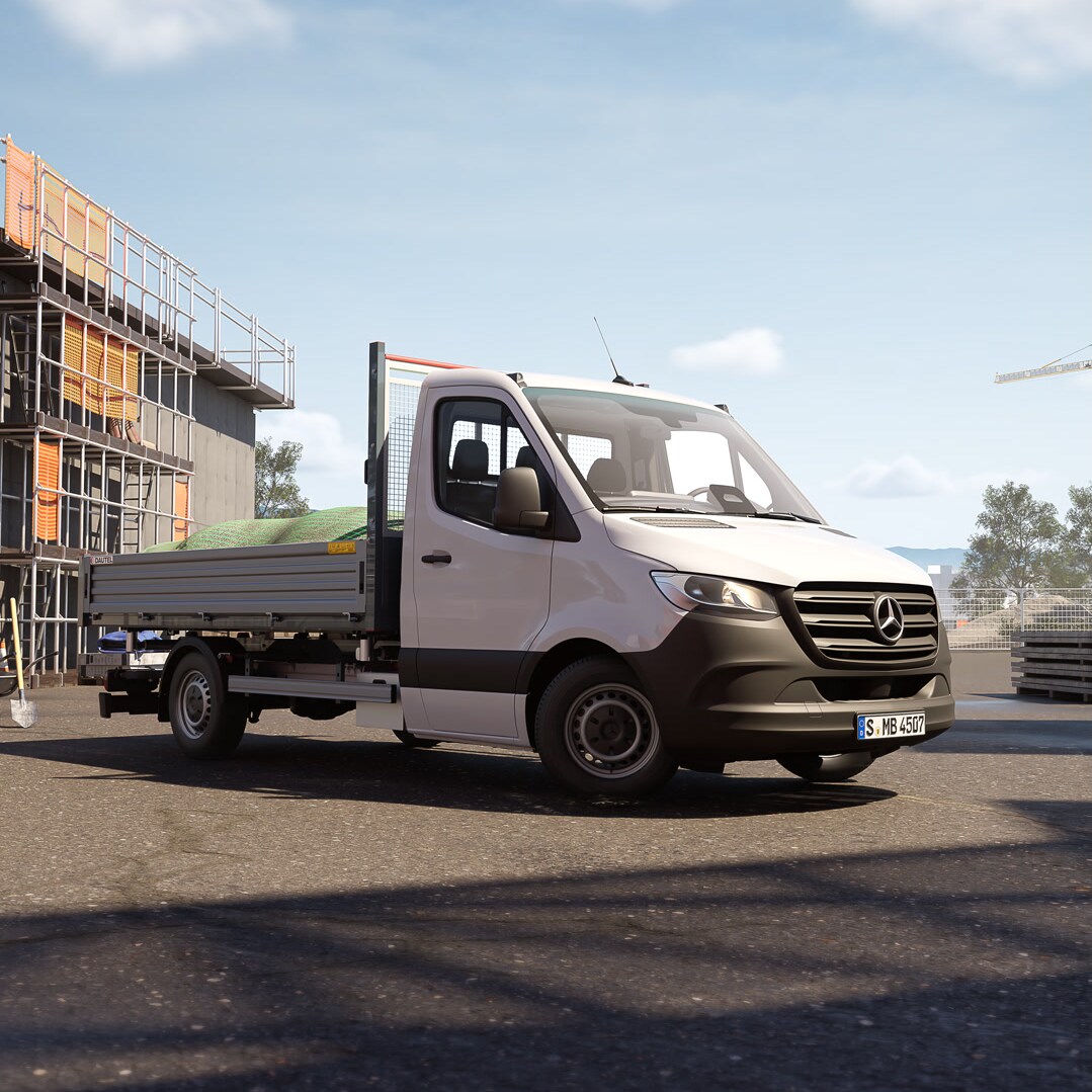 Mercedes‑Benz Sprinter mit Dreiseitenkipper‑Aufbau von Dautel steht auf einer Baustelle – robuste Fahrzeuglösung für Bau, Handwerk und Materialtransport.