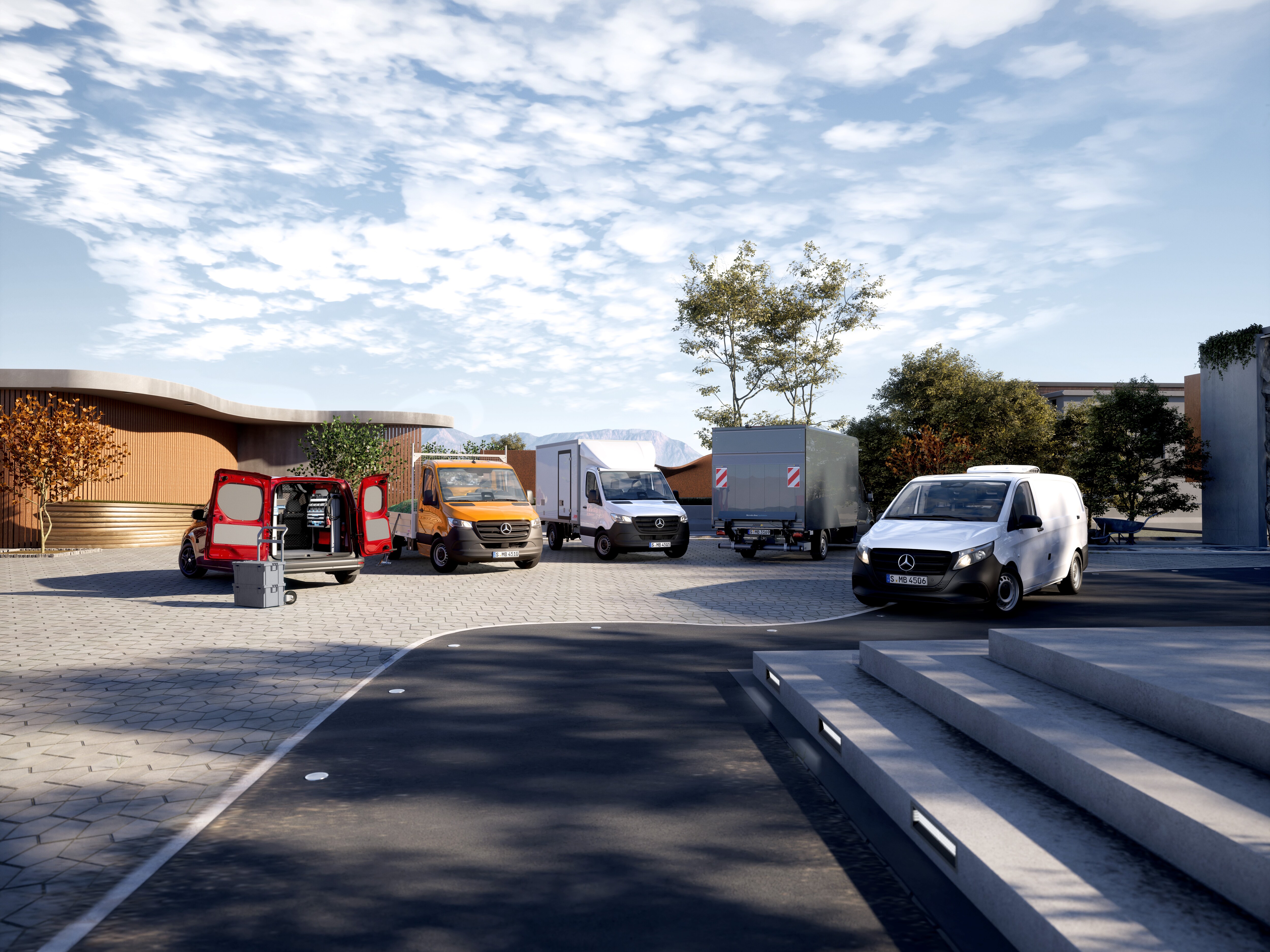 Mehrere Mercedes-Benz Transporter mit unterschiedlichen Aufbauten stehen auf einem modernen Platz und zeigen vielseitige Einsatzmöglichkeiten.