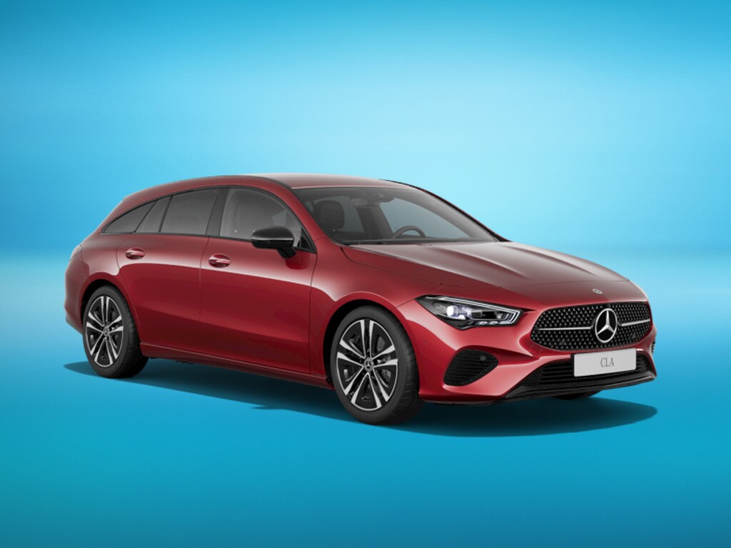 Ein roter CLA Shooting Brake auf. blauem Grund.