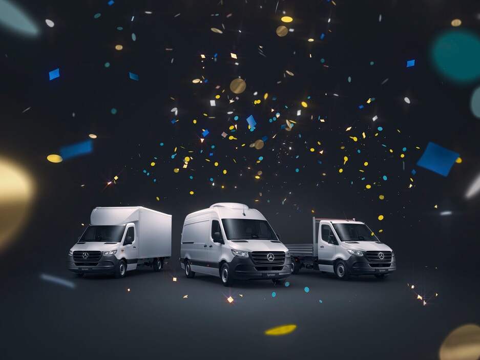 Drei weiße Mercedes-Benz Sprinter mit verschiedenen Aufbauformen in der seitlichen Frontansicht mit Konfettiregen.