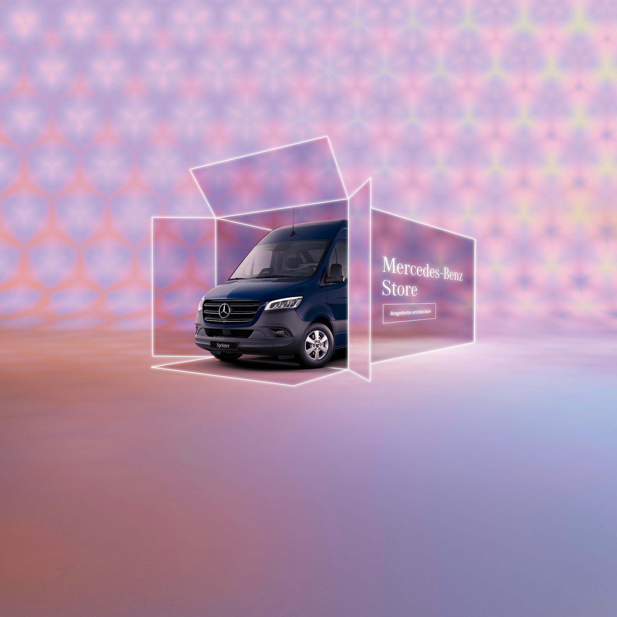 Ein blauer Sprinter fährt aus einem rosa-lila farbenden großen Karton heraus. 