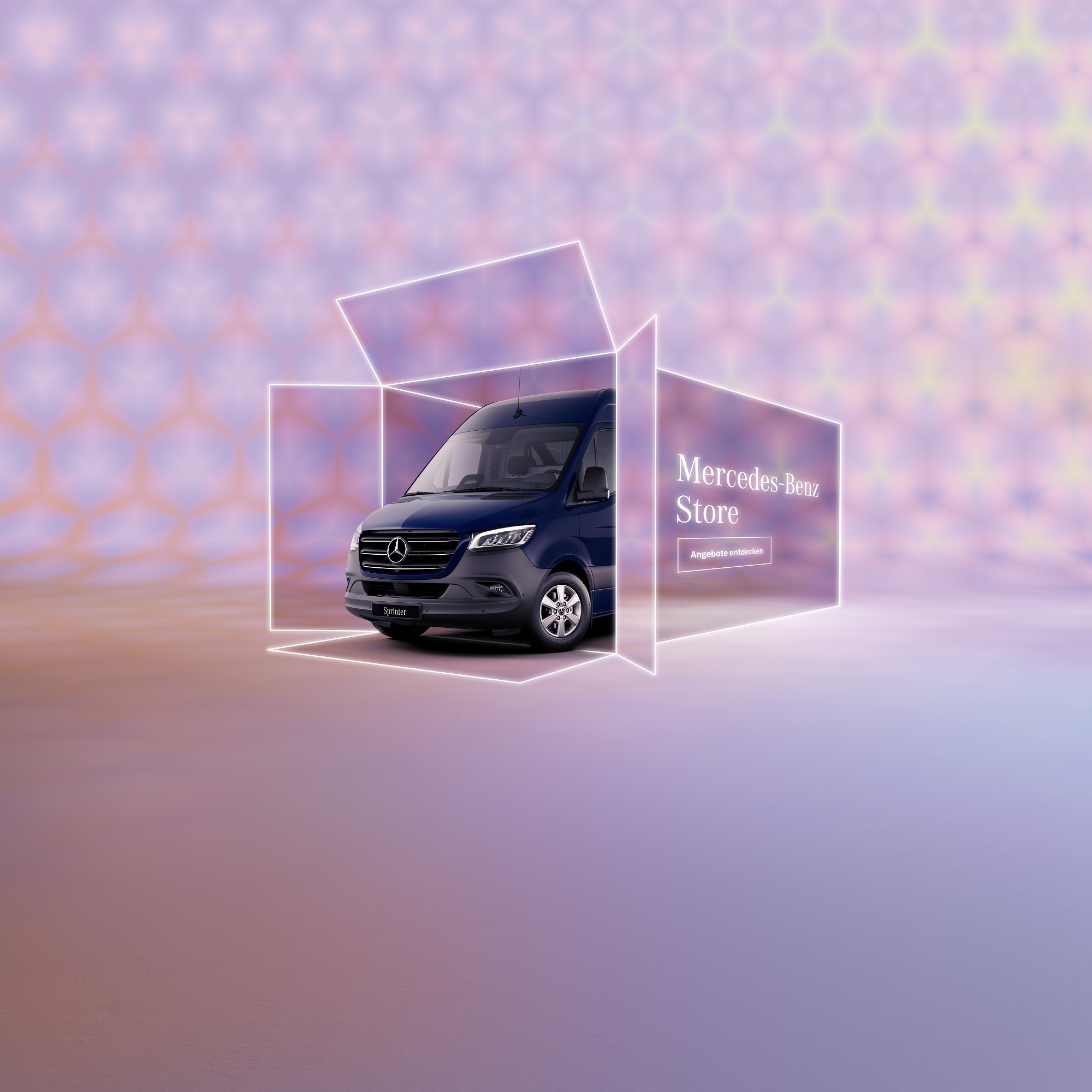 Neuwagen kaufen - so geht's! | Mercedes-Benz Ein dunkelblauer Transporter ist in einer grafisch angelegten Box vor rosa Grund.