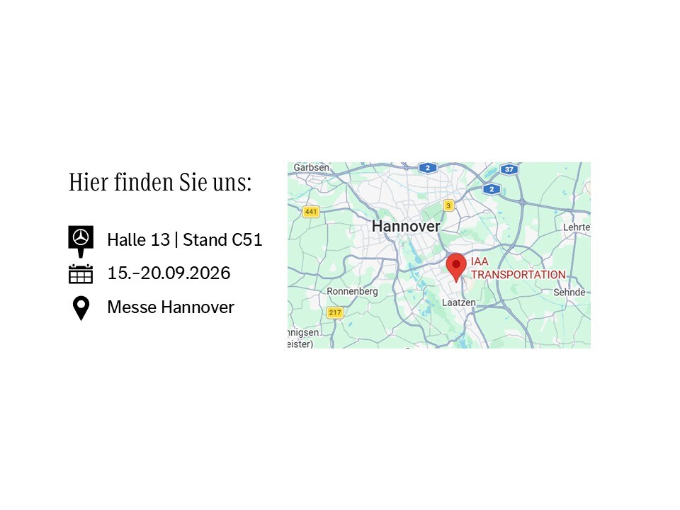 Eine Grafik einer Karte, auf der der Standpunkt von Mercedes-Benz auf der IAA abgebildet ist.