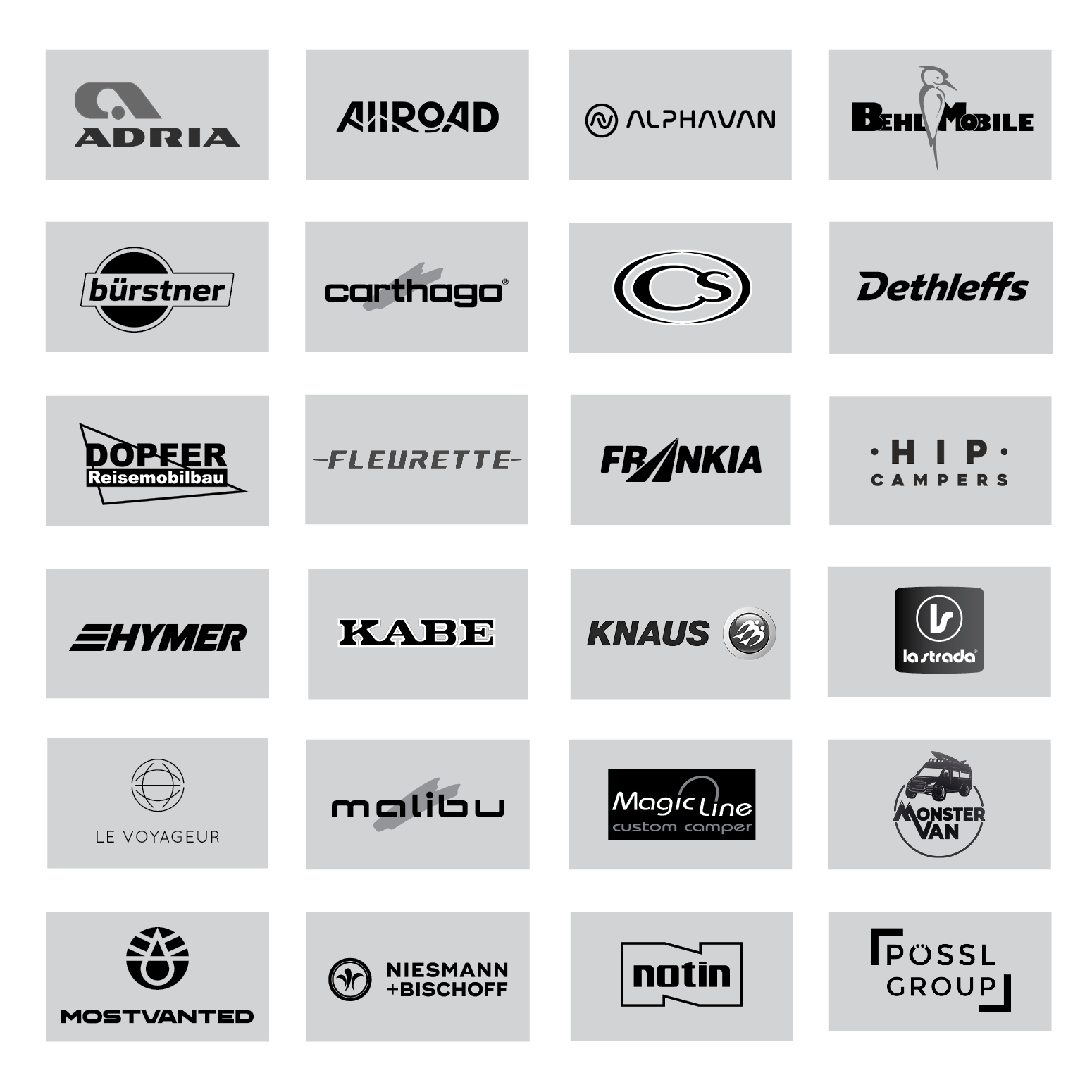 Übersicht der Hersteller Logos, mit denen Mercedes-Benz für den Sprinter Camper kooperiert. Logo Übersicht Sprinter Reisemobilhersteller
