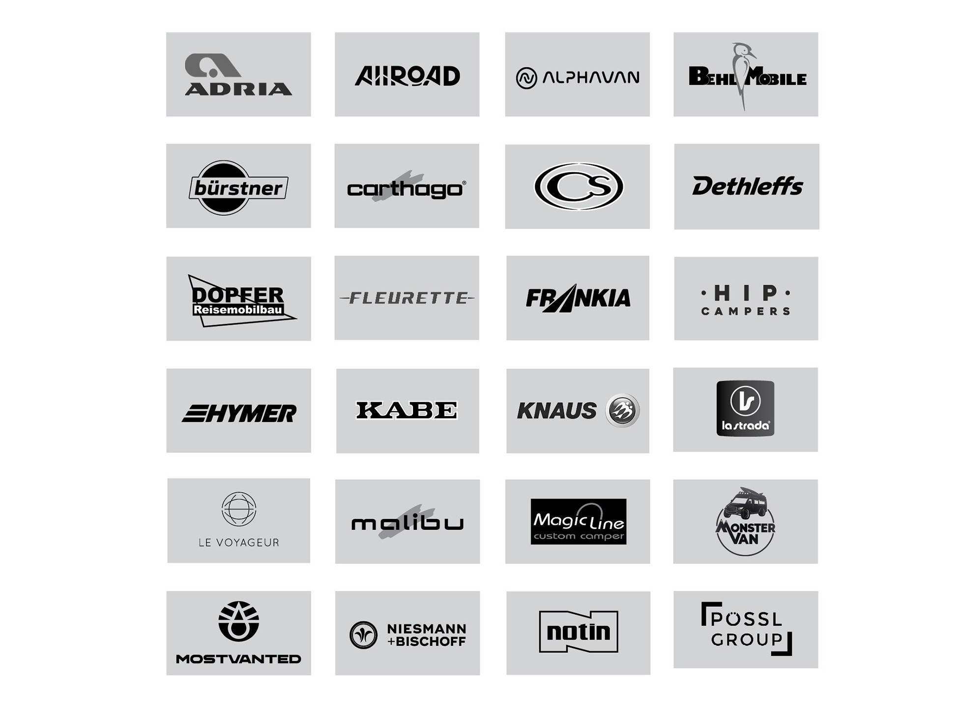 Übersicht der Hersteller Logos, mit denen Mercedes-Benz für den Sprinter Camper kooperiert. Logo Übersicht Sprinter Reisemobilhersteller