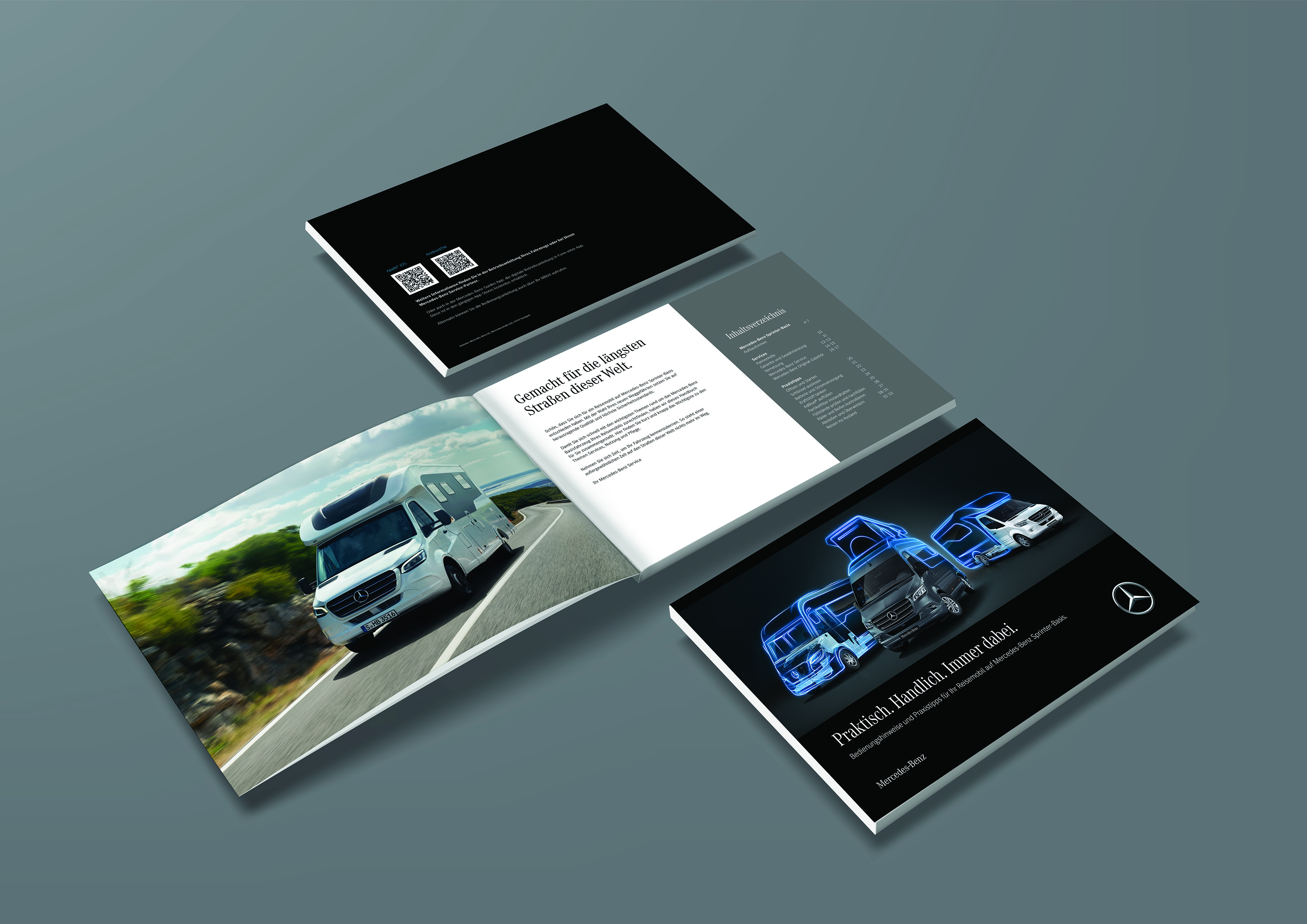 Mercedes-Benz Sprinter Reisemobil Eine aufgeklappte Broschüre mit Mercedes-Benz Sprinter Reisemobil Fahrzeugen.