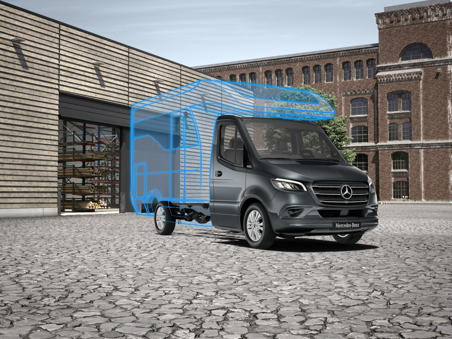 Verschiedene Sprinter von Mercedes-Benz mit unterschiedlichen Aufbauten vor schwarzem Grund.