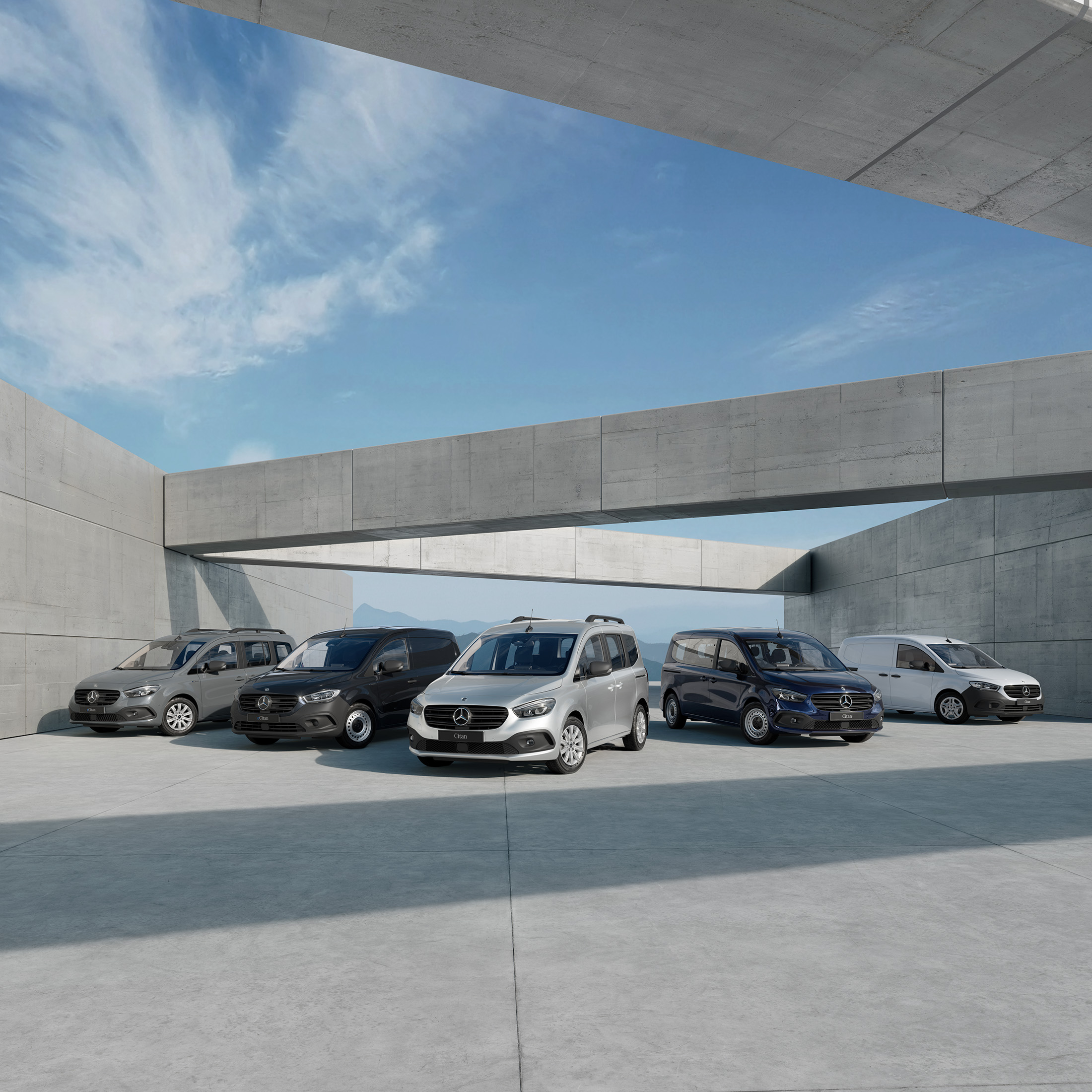 Flottenmanagement | Digitale Extras | Mercedes-Benz Eine Transporterflotte mit Fahrzeugen von Mercedes-Benz.