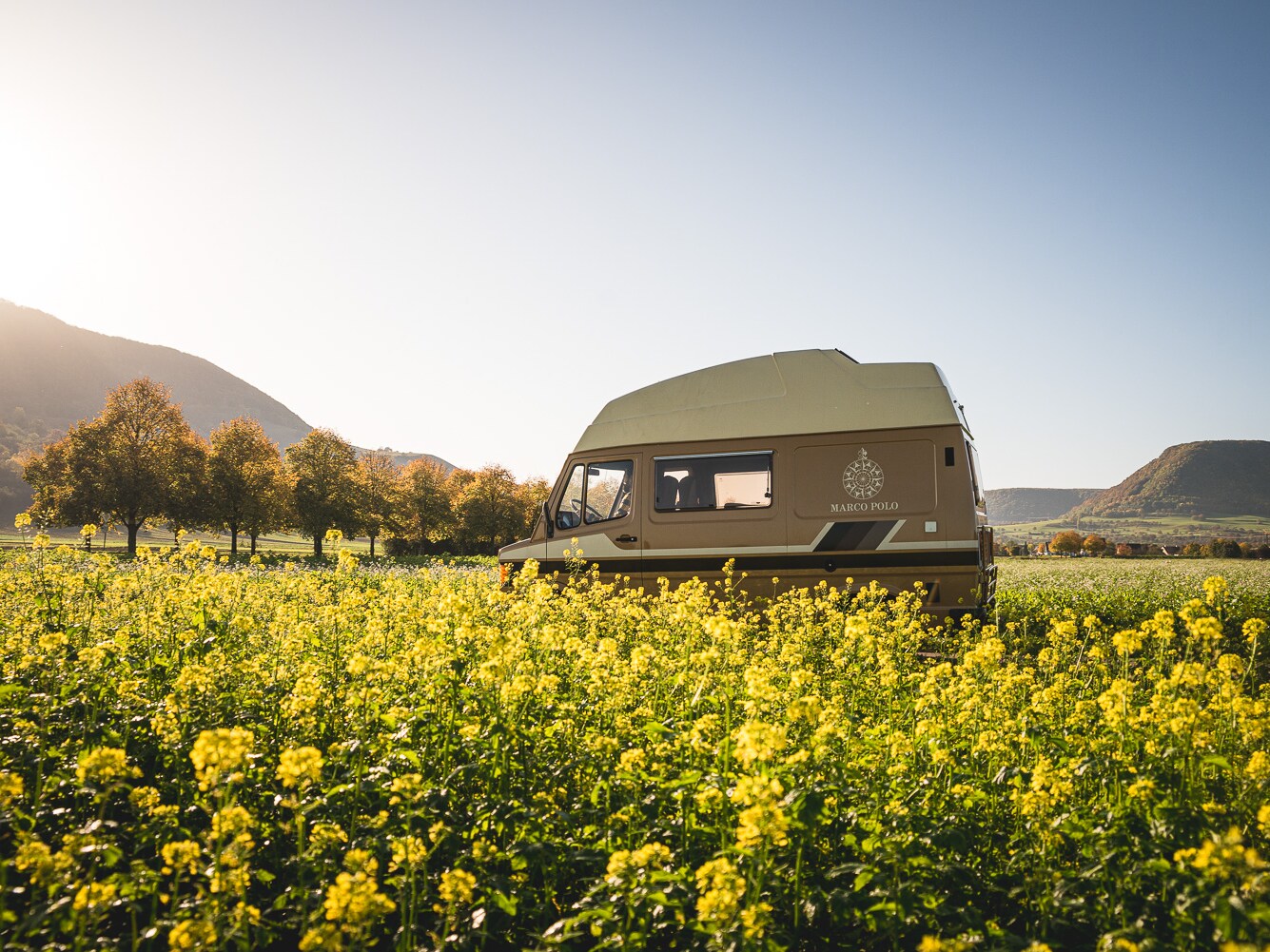 V-Klasse Marco Polo aus den 1980 Jahren hinter einer Rapswiese.