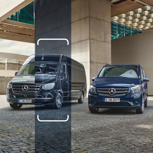 Der Mercedes-Benz eCitan und Citan parkend vor einem Bürogebäude.