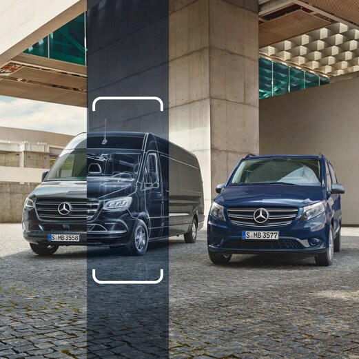 Zwei verschiedene Transportermodelle von Mercedes-Benz stehen in einer brutalisitischen Umgebung.