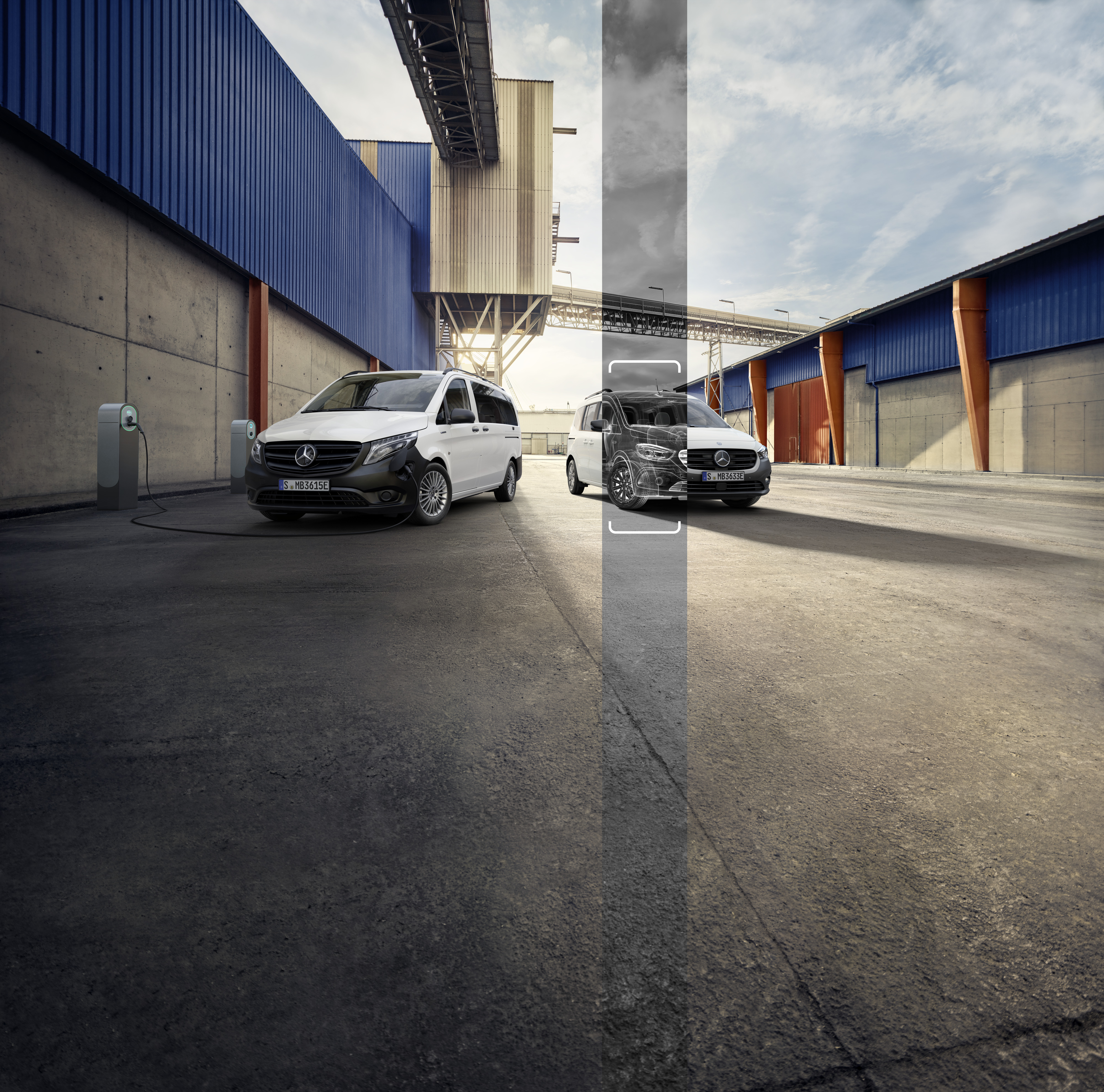 Entdecken Sie den Mercedes-Benz eCitan Transporter Ein Mercedes-Benz eCitan Transporter auf einem Industriegelände.