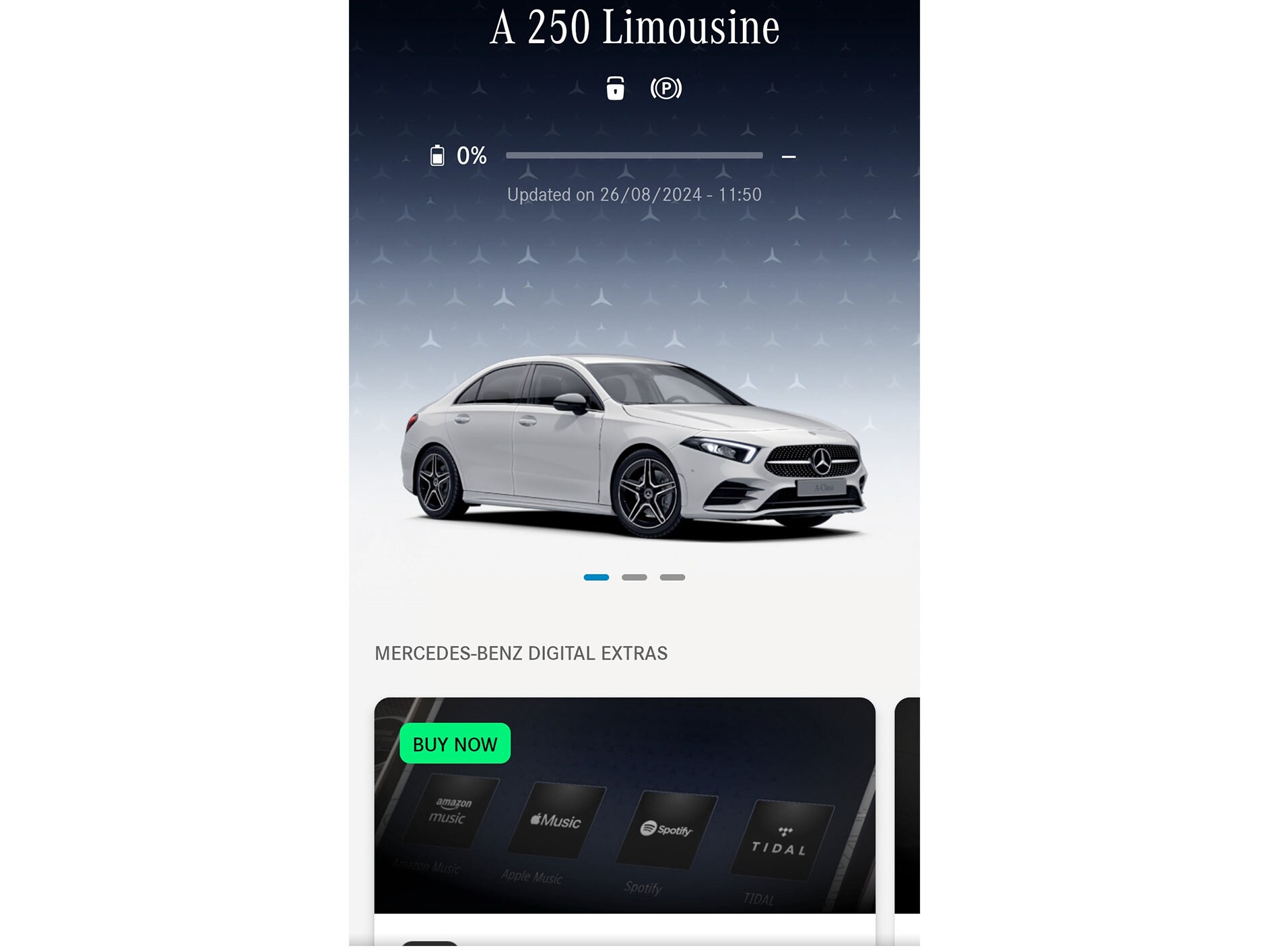 Das Menü der Mercedes-Benz App zeigt die verfügbaren Funktionen der Digitalen Extras zu den Themen Navigation, Remote und GUARD 360˚ auf einem Smartphone an.