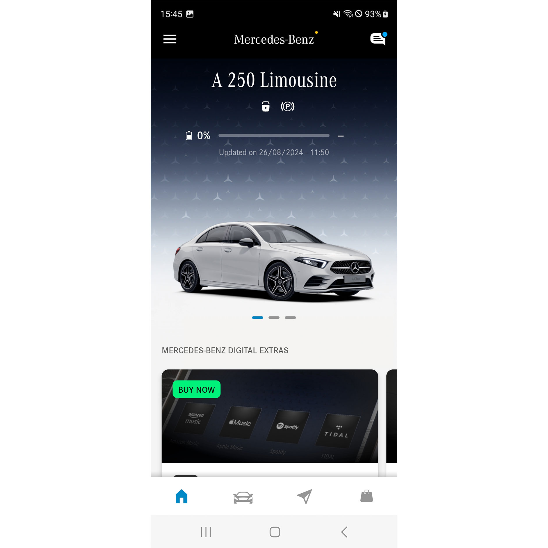 Mercedes-Benz App | Apps | Mercedes-Benz Das Menü der Mercedes-Benz App zeigt die verfügbaren Funktionen der Digitalen Extras zu den Themen Navigation, Remote und GUARD 360˚ auf einem Smartphone an.