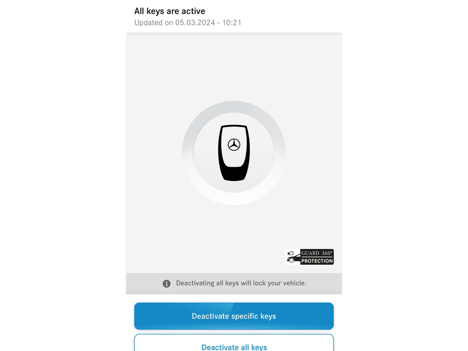 Auf einem Smartphone wird das Menü des Digitalen Extras Notfall-Schlüsseldeaktivierung angezeigt.