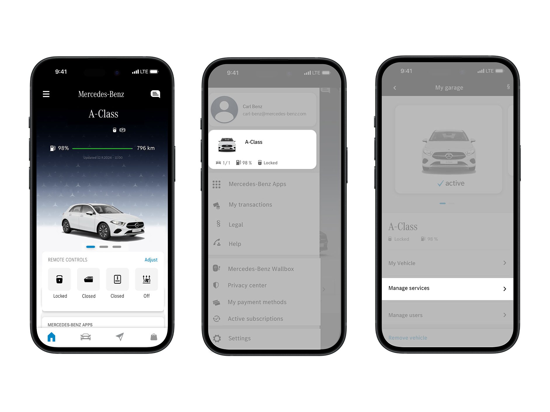 Die In-App-Aktivierung von Fuel & Pay für Mercedes-Benz Fahrzeuge.