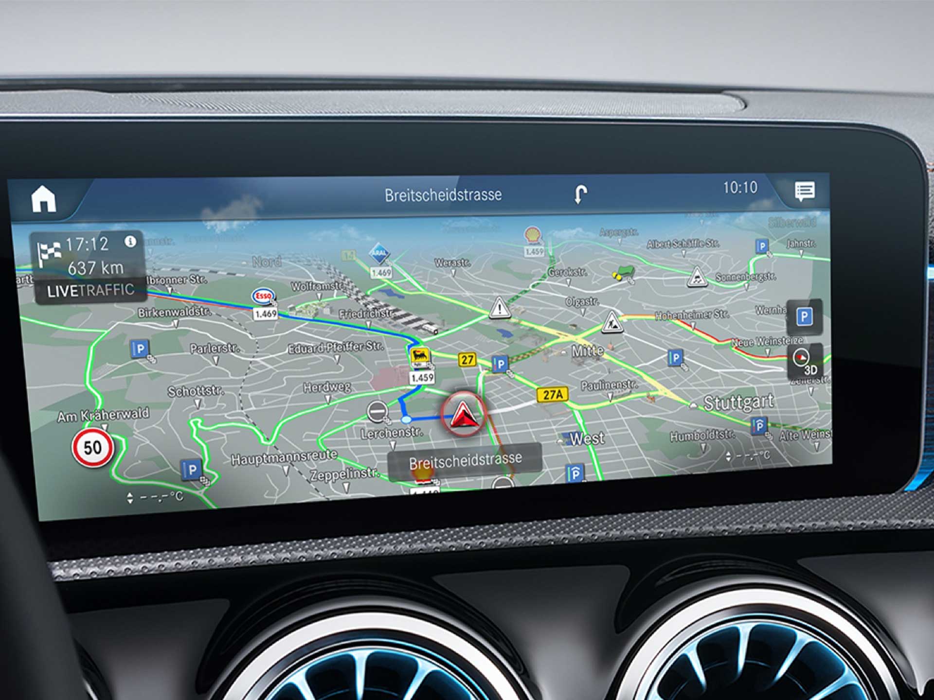Navigation | Digitale Extras | Mercedes-Benz Das MBUX Multimediasystem hat das Digitale Extra Car-to-X Communication aktiviert.
