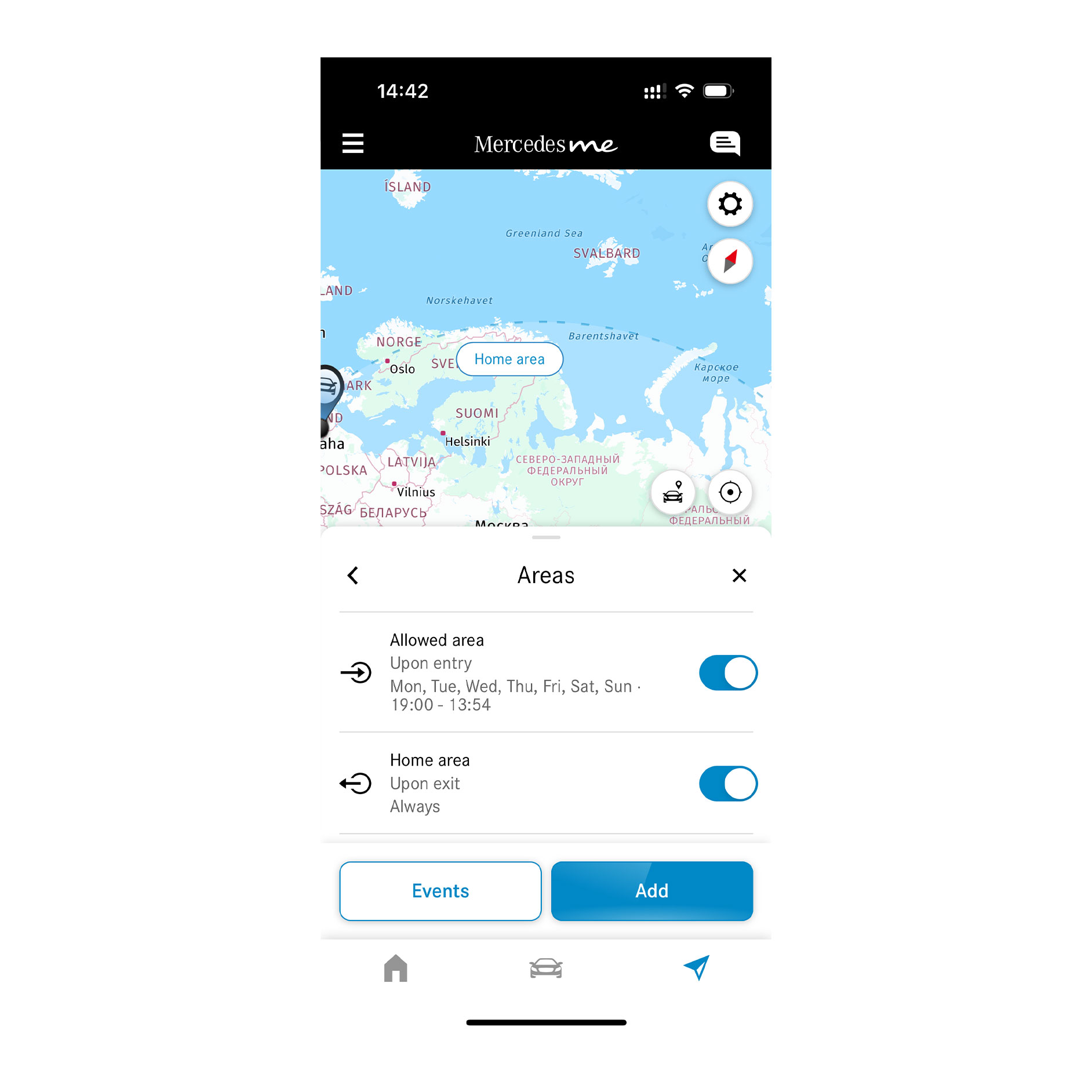 Geographische Fahrzeugüberwachung | Remote | Mercedes-Benz. Auf einem Smartphone wird dank des Digitalen Extras Geographische Fahrzeugüberwachung angezeigt, ob das Fahrzeug innerhalb oder außerhalb eines definierten Gebietes fährt.