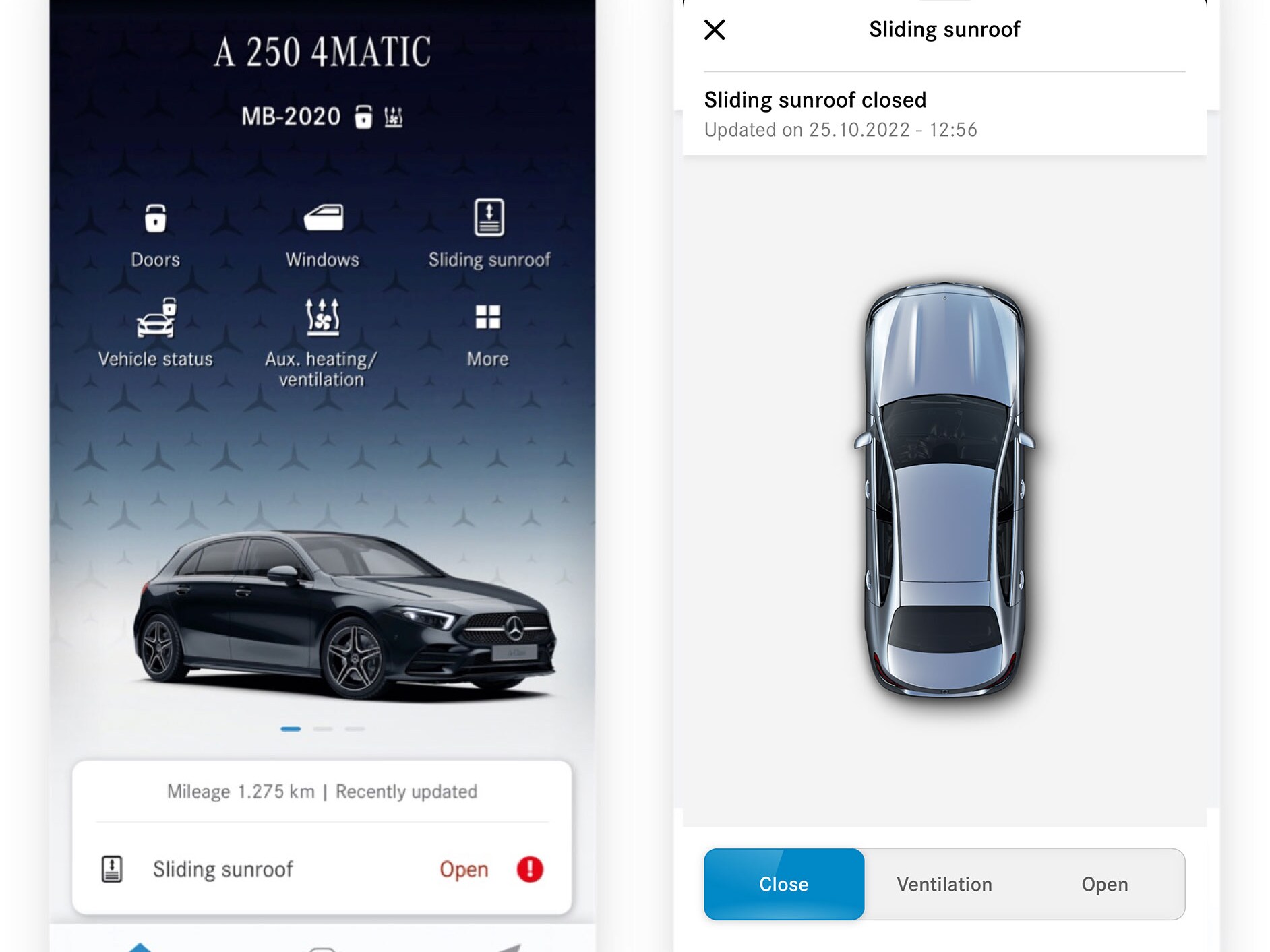 Auf einem Smartphone sind die verschiedenen Bildschirme zu sehen, die angezeigt werden, wenn das Digitale Extra Fernsteuerung Fenster/Schiebedach feststellt, dass das Schiebedach nicht geschlossen ist.
