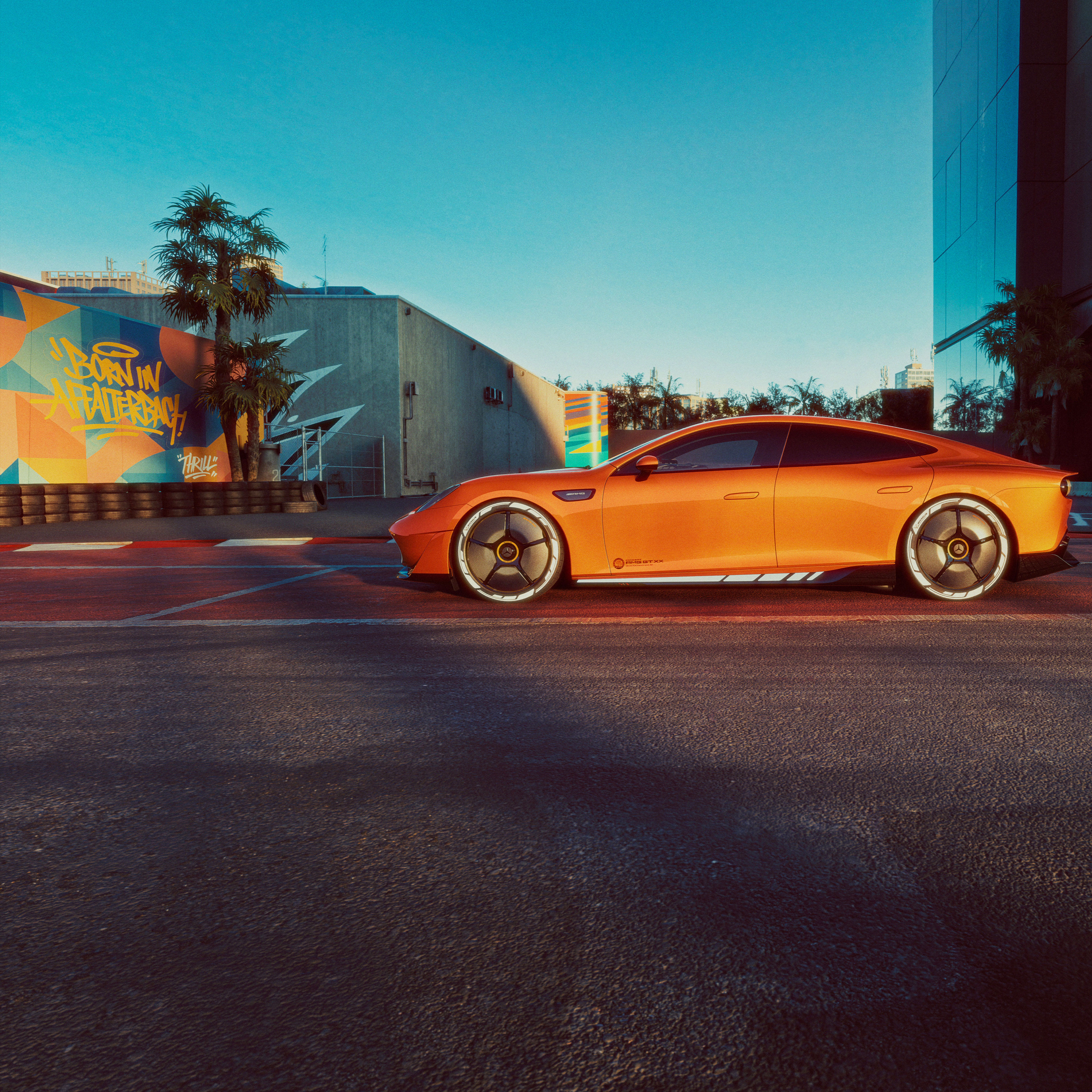 AMG.EA & CONCEPT AMG GT XX fahrend auf einer Straße.