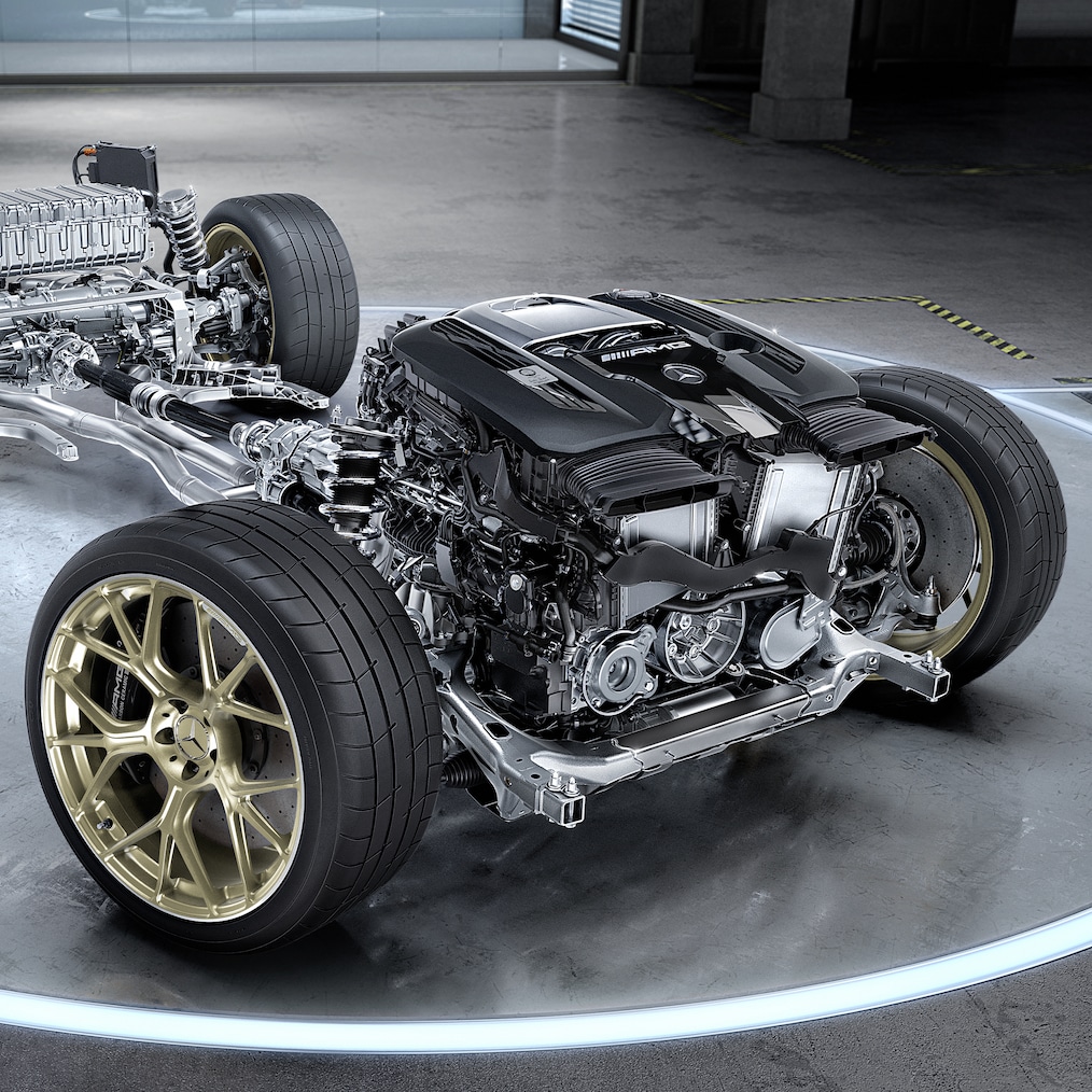 Der Hybrid-Antriebsstrang des Mercedes-AMG GT 63 S E PERFORMANCE Coupés.