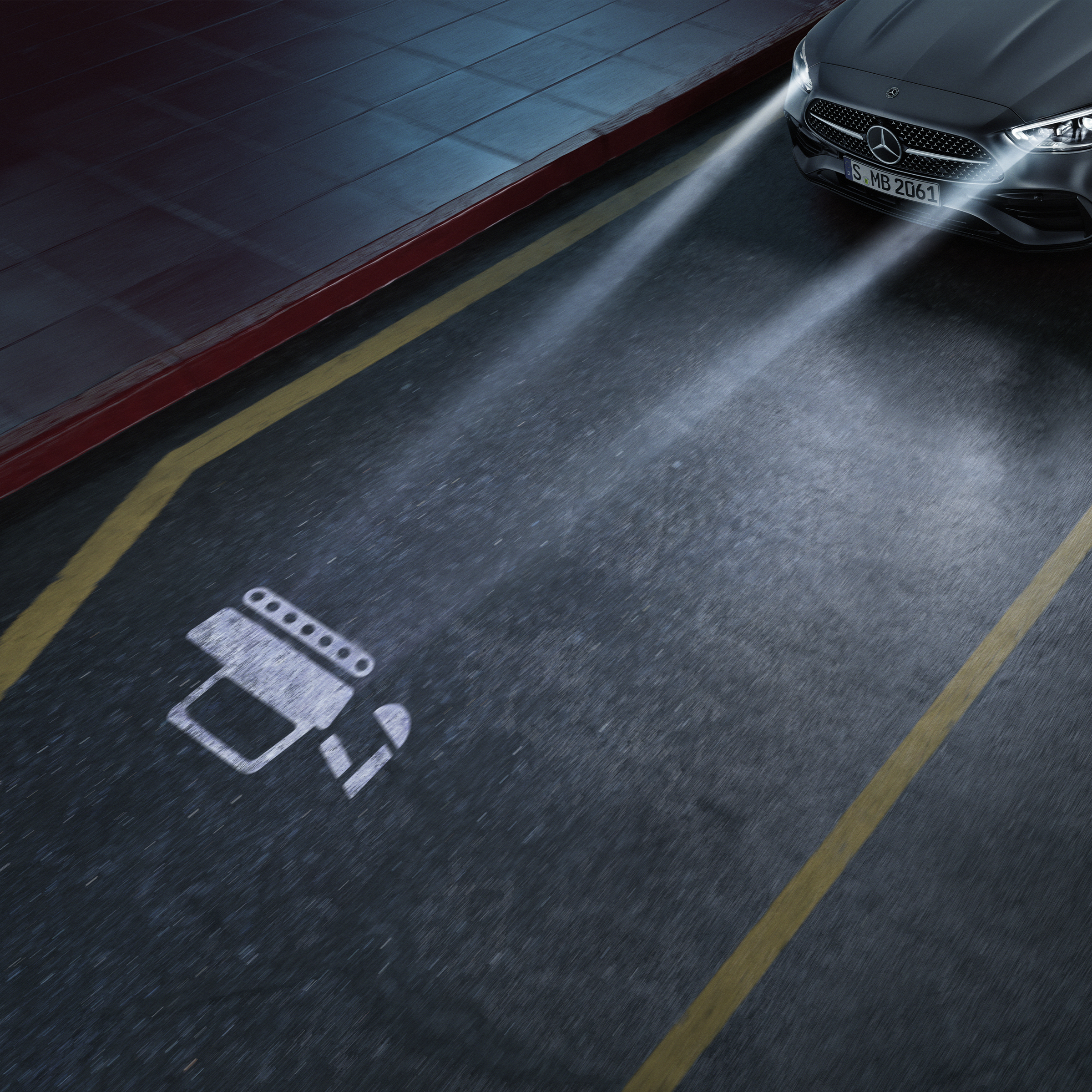 Nahaufnahme eines DIGITAL LIGHT Scheinwerfersystems der Mercedes-Benz C-Klasse.