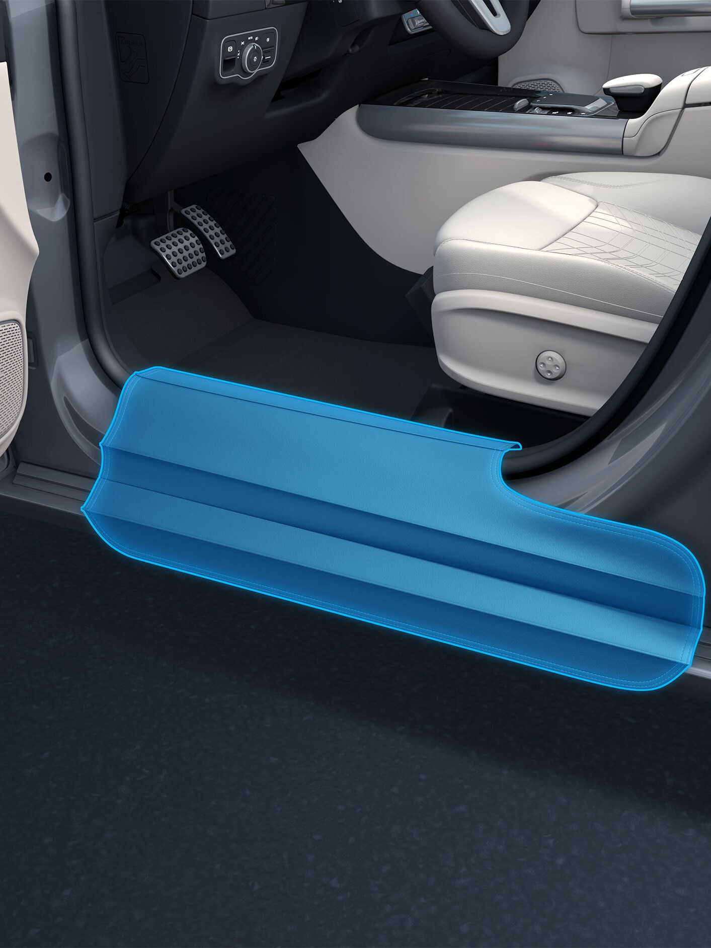 Detaillierte Darstellung des Einstiegsschutzes bei geöffneter Tür in Verbindung mit einem behindertengerechten Auto.