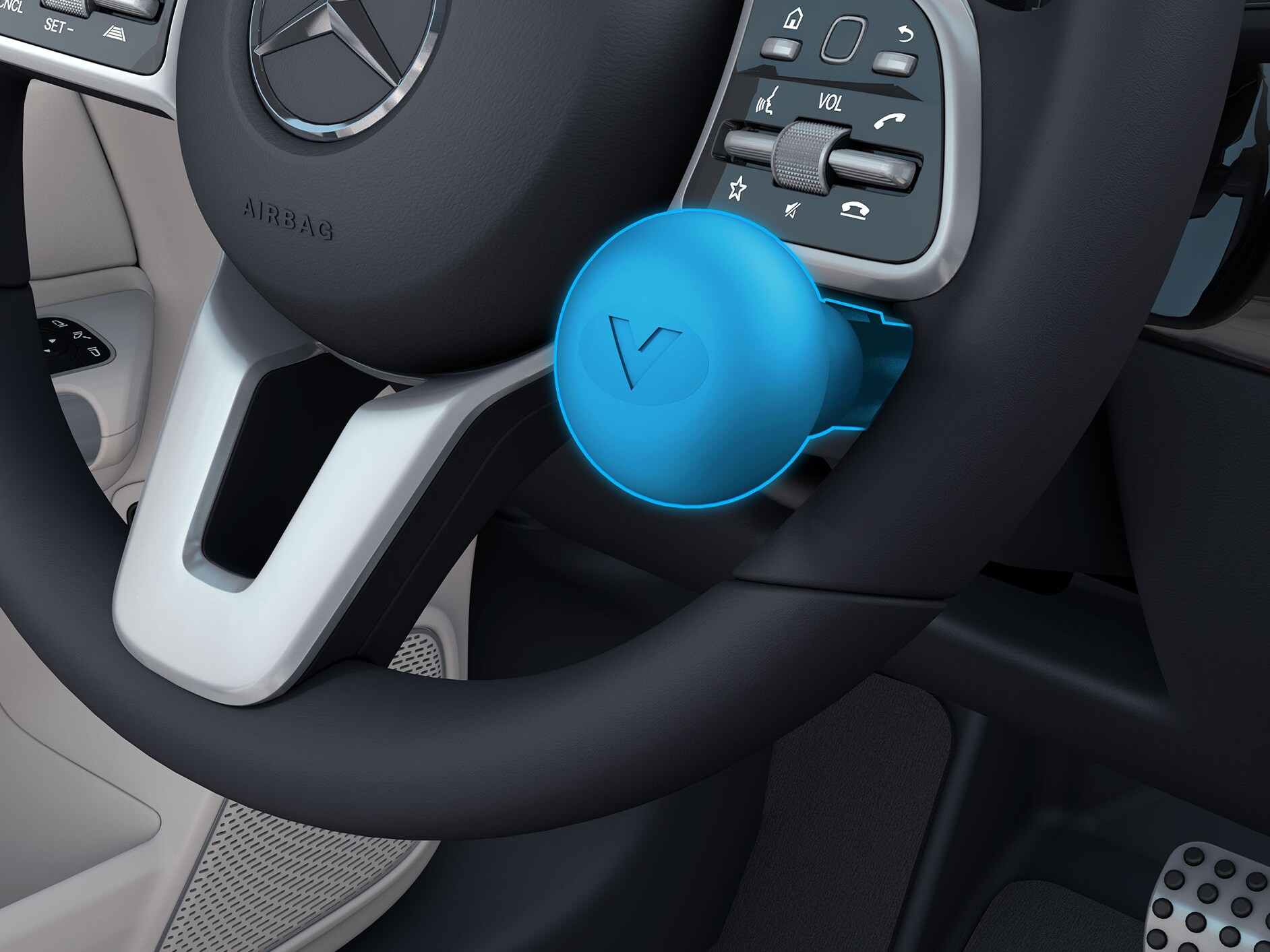 Eine Detailaufnahme des Lenkradknaufs rechts in Verbindung mit einem behindertengerechten Auto.