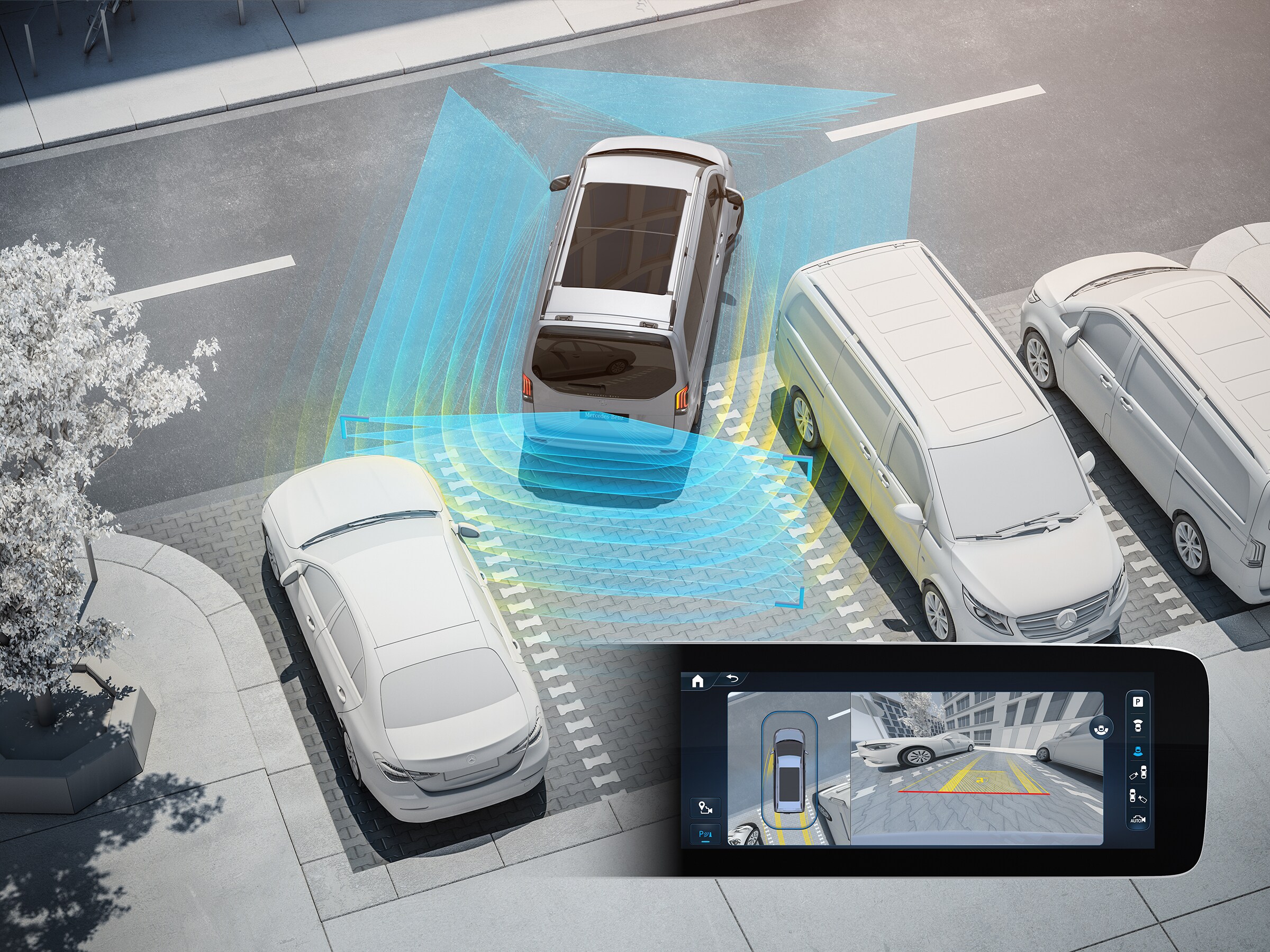 Grafik des Mercedes-Benz Marco Polo Park-Paket mit 360°-Kamera bei einem Parkvorgang.
