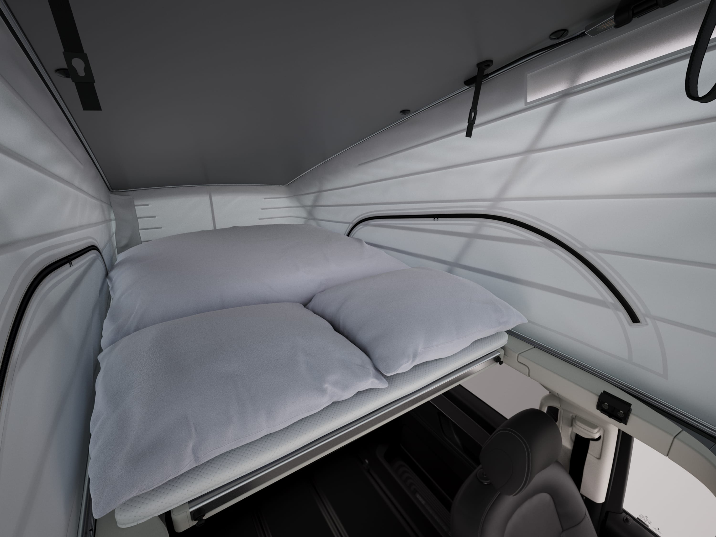 Marco Polo HORIZON World | Mercedes-Benz Mercedes-Benz Marco Polo HORIZON: Schlafbereich mit bequemem Bett im Innenraum des Aufstelldachs.