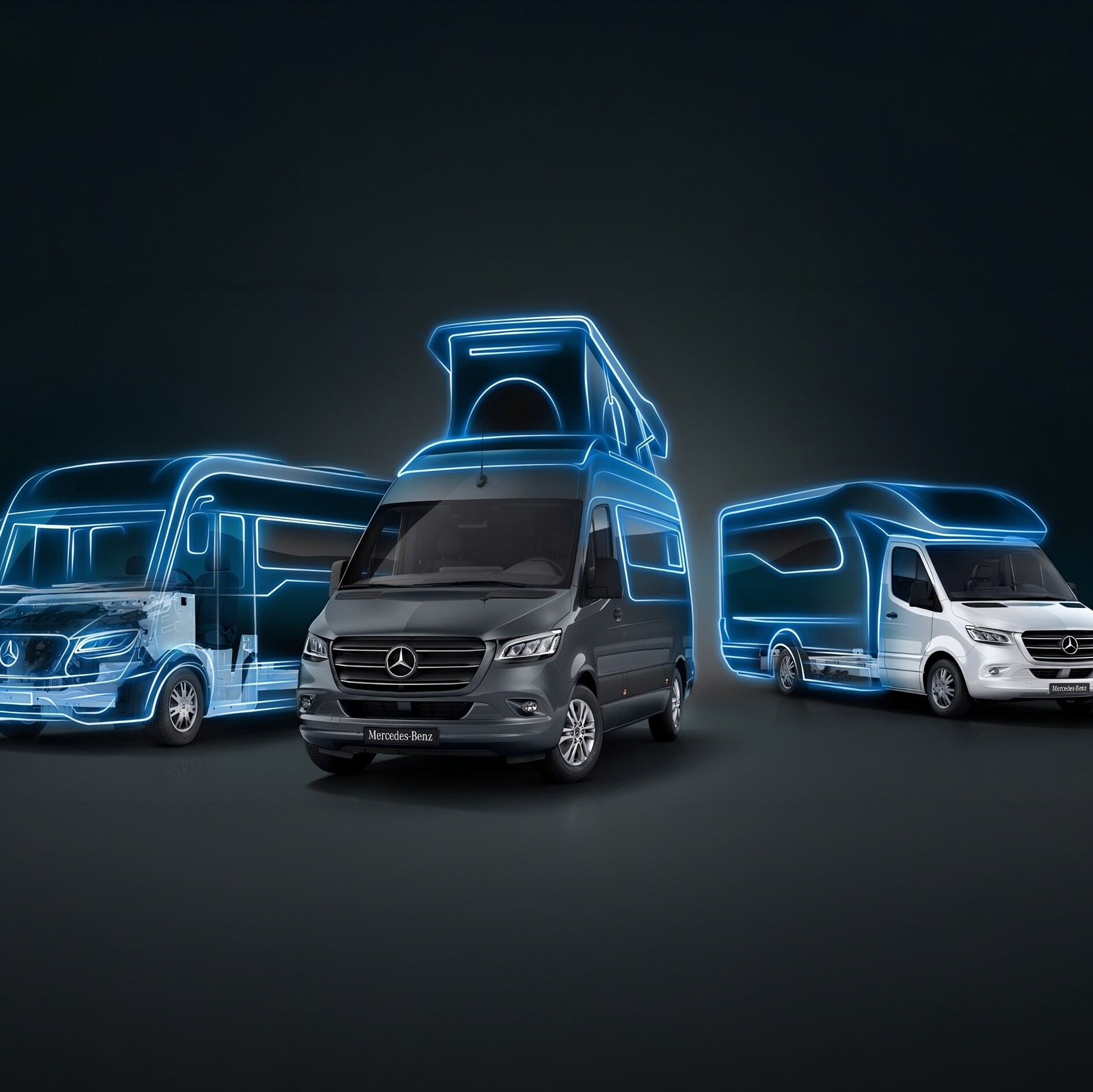 Verschiedene Sprinter von Mercedes-Benz mit unterschiedlichen Aufbauten vor schwarzem Grund.