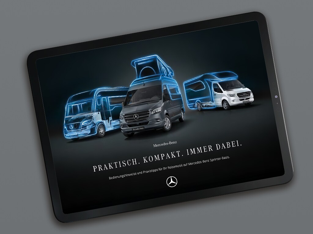Ein Tablet mit einer digitalen Mercedes-Benz Sprinter Wohnmobilbroschüre.