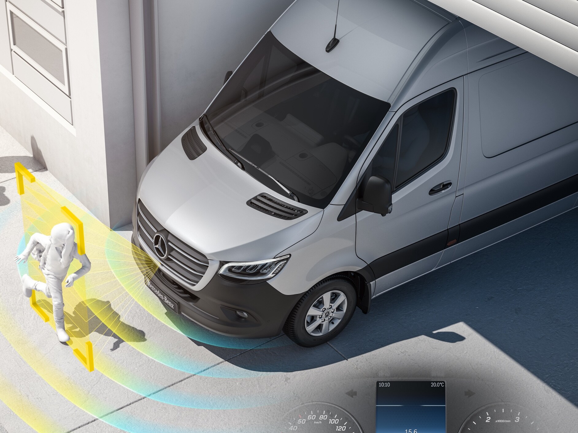 Mercedes‑Benz Sprinter mit aktiven Assistenzsystemen, die Fußgänger in der Nähe erkennen und so die Sicherheit  erhöhen.